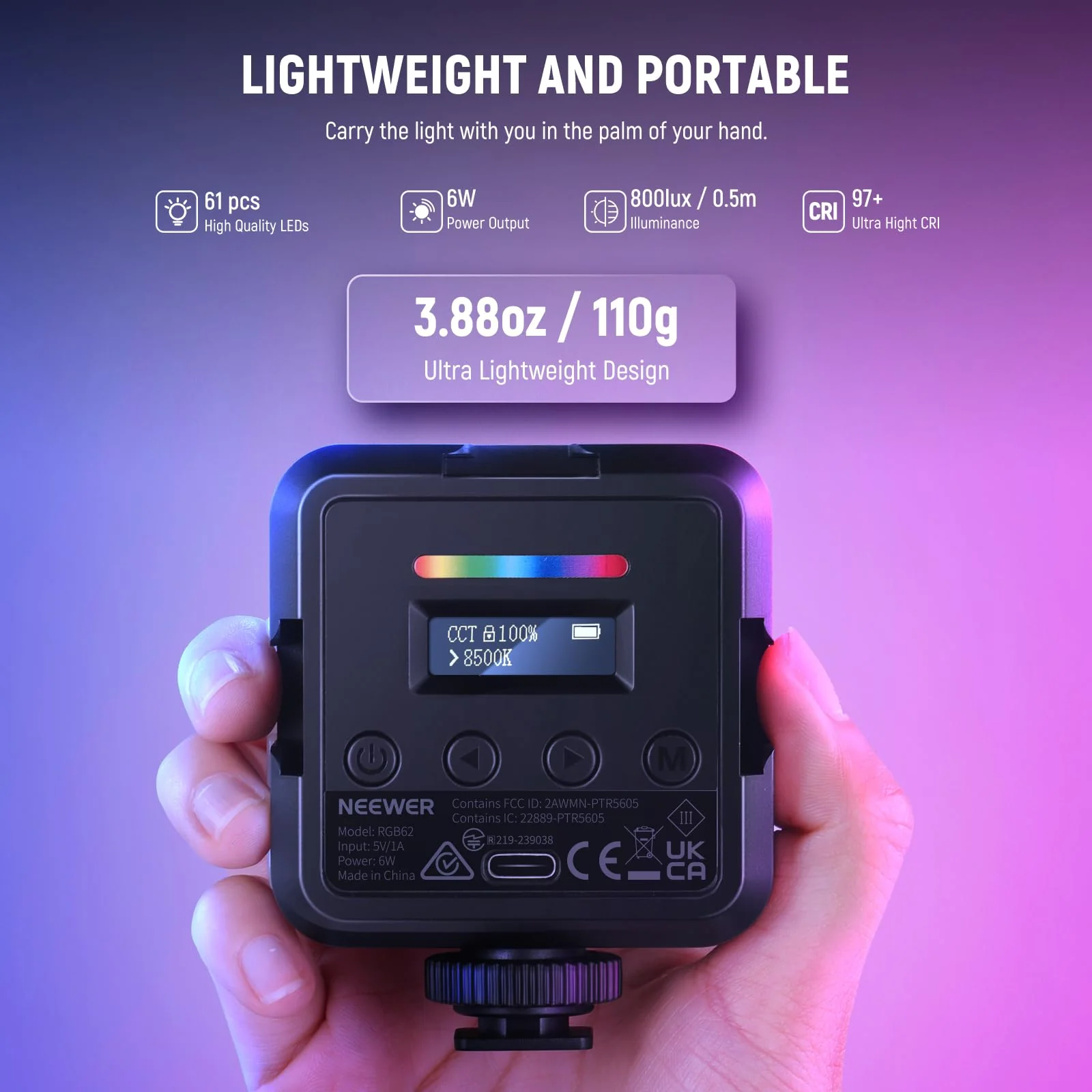 NEEWER RGB62 Magnetic RGB Video Light with Upgraded APP Control, 360° Full Color LED Camera Light with 3 Cold Shoes CRI97+ 2500K-8500K 17 Scenes 2000mAh Rechargeable Portable Photography Lighting camera light with app control - Image 2