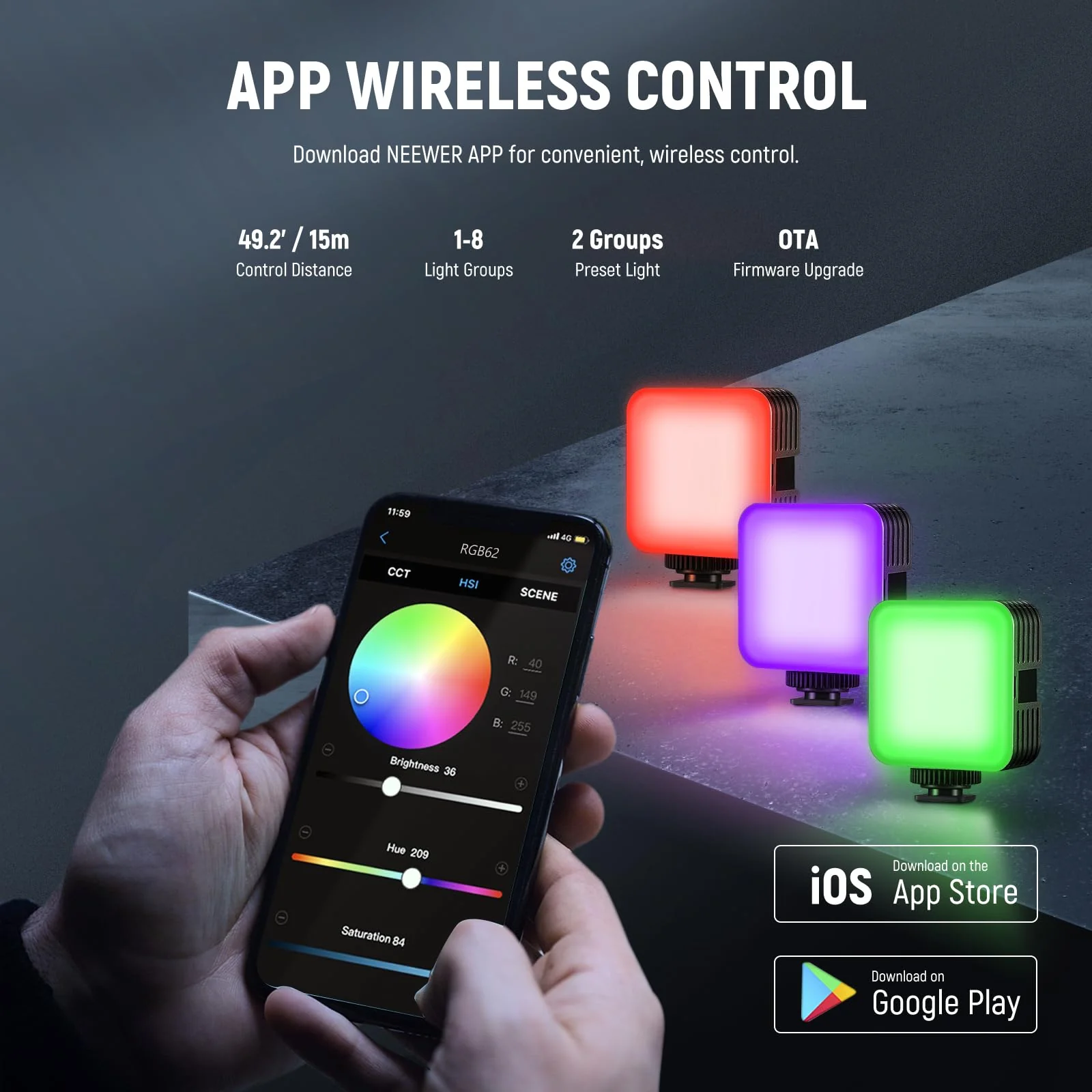NEEWER RGB62 Magnetic RGB Video Light with Upgraded APP Control, 360° Full Color LED Camera Light with 3 Cold Shoes CRI97+ 2500K-8500K 17 Scenes 2000mAh Rechargeable Portable Photography Lighting camera light with app control - Image 4
