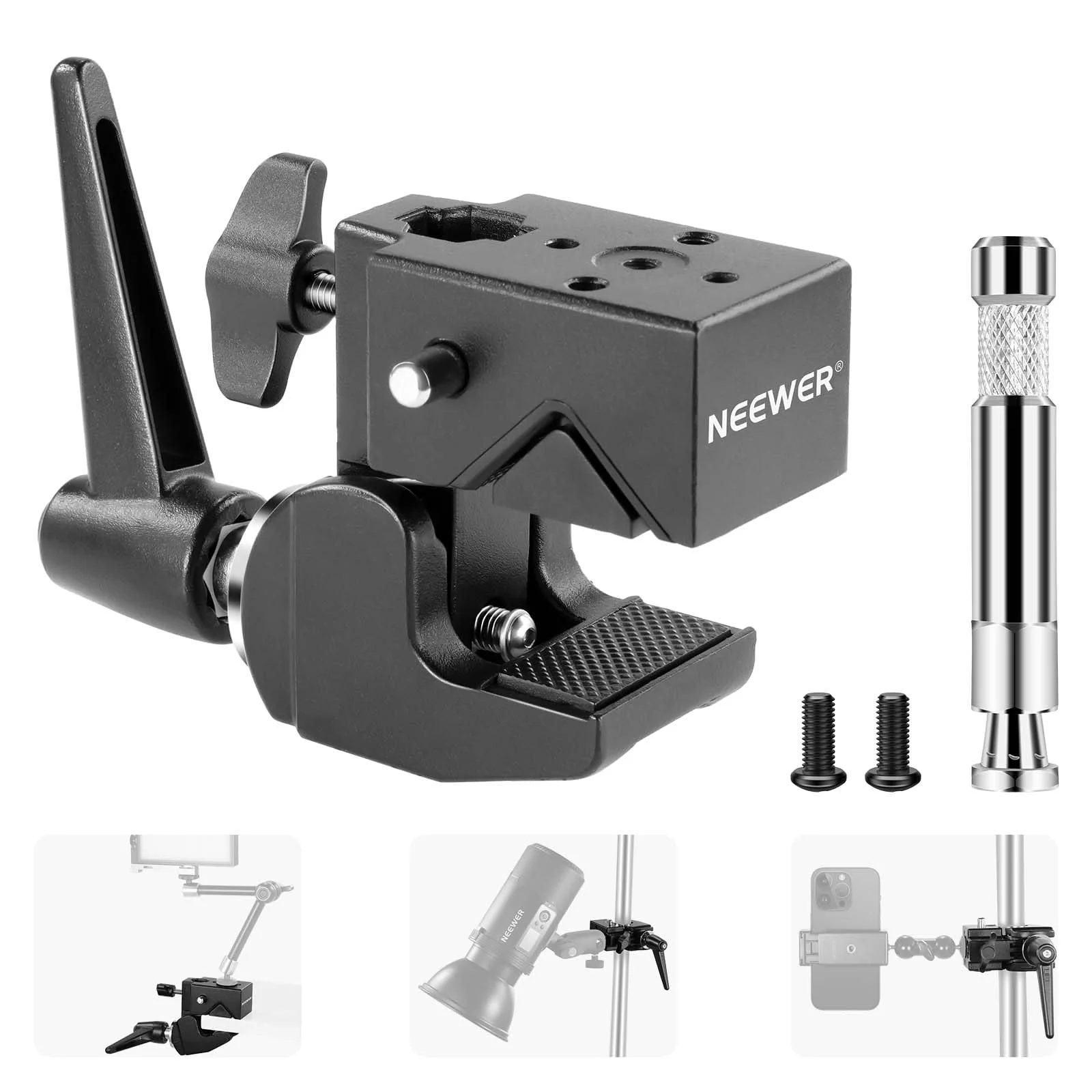 NEEWER Super Clamp with 5/8" Stud, Spring Lock, 2.4"/6cm Jaw Grip Heavy Duty Crab Pole Clamp for Round Pipe Flat Surface, for Photography Studio Camera & Lighting Mounting, Max Load 33lb/15kg, UA017 UA017(1 Pack)