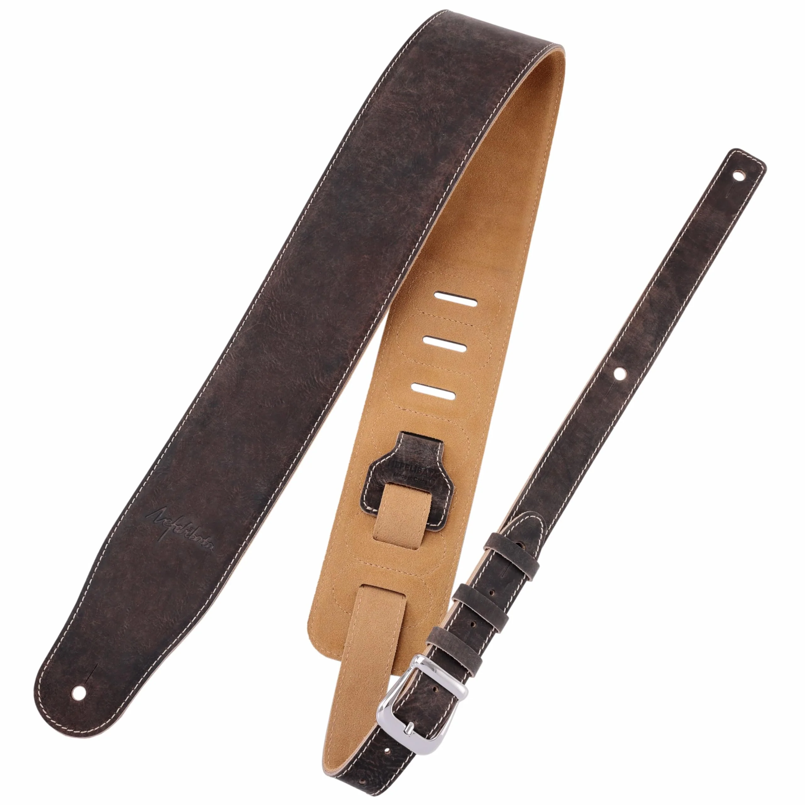 Nefelibata 3" Wide Extended Guitar Strap, Full Grain Cowhide Leather with Foam Padding and Detachable Extension Strap for Heavy Duty Guitars like Bass and Electric Guitar Brown