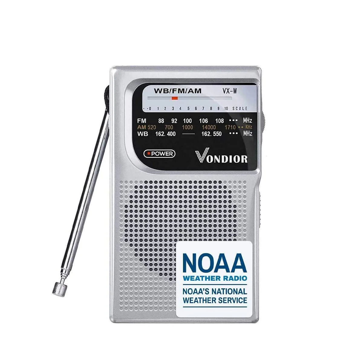 NOAA Weather Radio - Emergency NOAA/AM/FM Battery Operated Portable Radio with Best Reception and Longest Lasting Transistor. Powered by 2 AA Battery with Mono Headphone Socket, by Vondior (Silver) Silver