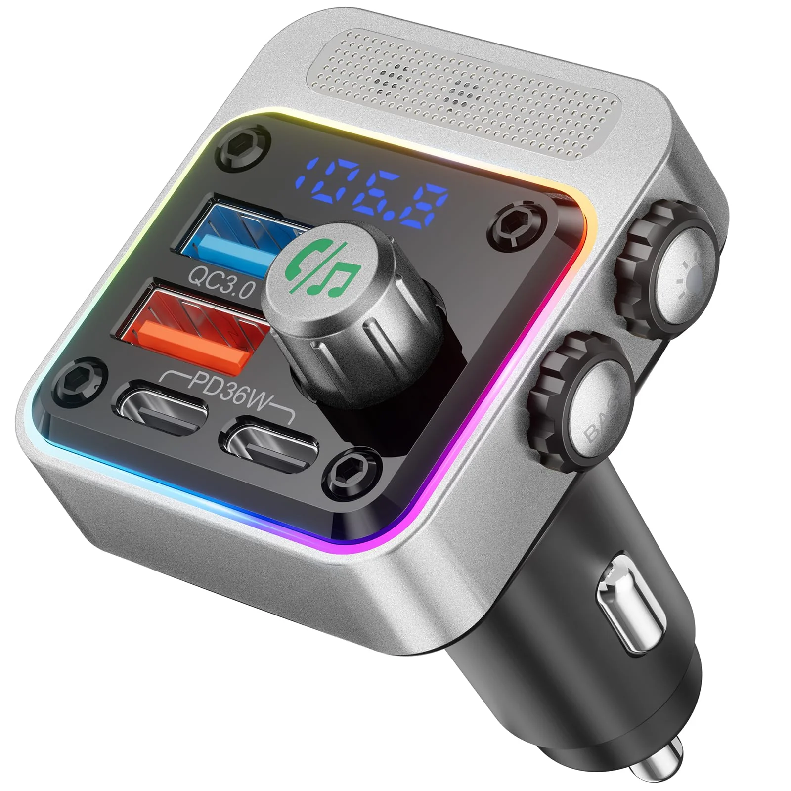 Nulaxy 54W Bluetooth 5.3 Car Adapter with 4 Charging Ports [PD 36W & QC3.0 18W], Wireless Radio FM Transmitter with Deep Bass Player & 5 Colors LED Backlit, Hands-Free Calling - Silver