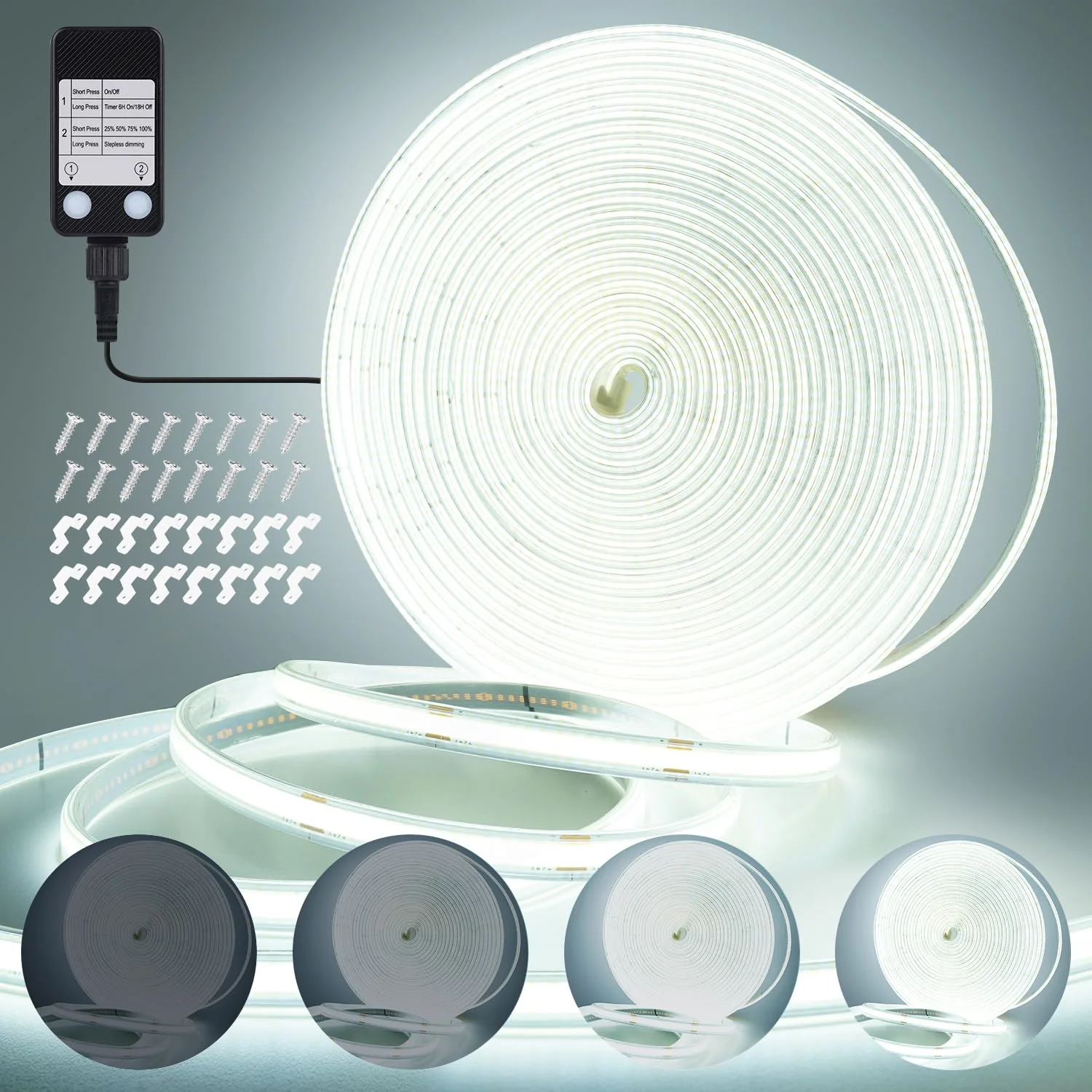 OMIKA 33FT Super Bright 3200LEDs COB LED Strip Lights Outdoor Waterproof, 6000K Cool White Plug in Rope Light Tape Light Flexible with Self-Adhesive Timer Dimmable for House Garden Camping DIY 33FT 3200LED