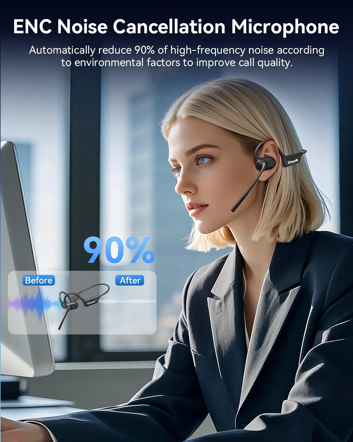 Open Ear Headphones with Mic, Bluetooth Headset with AI Noise Cancellation Microphone Air Conduction Headphones Bluetooth 5.4 Wireless Headset with Mic for Work Call Meeting Driving Sports(Black) - Image 3