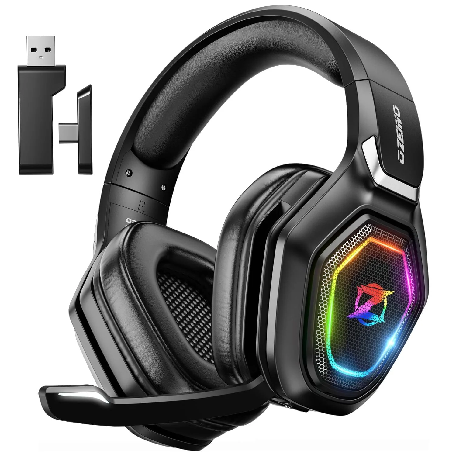 Ozeino Wireless Gaming Headset with Flip Microphone, RGB Lighting Gaming Headphones for PS5, PS4, PC - 2.4GHz USB & Type C Transmitter Black