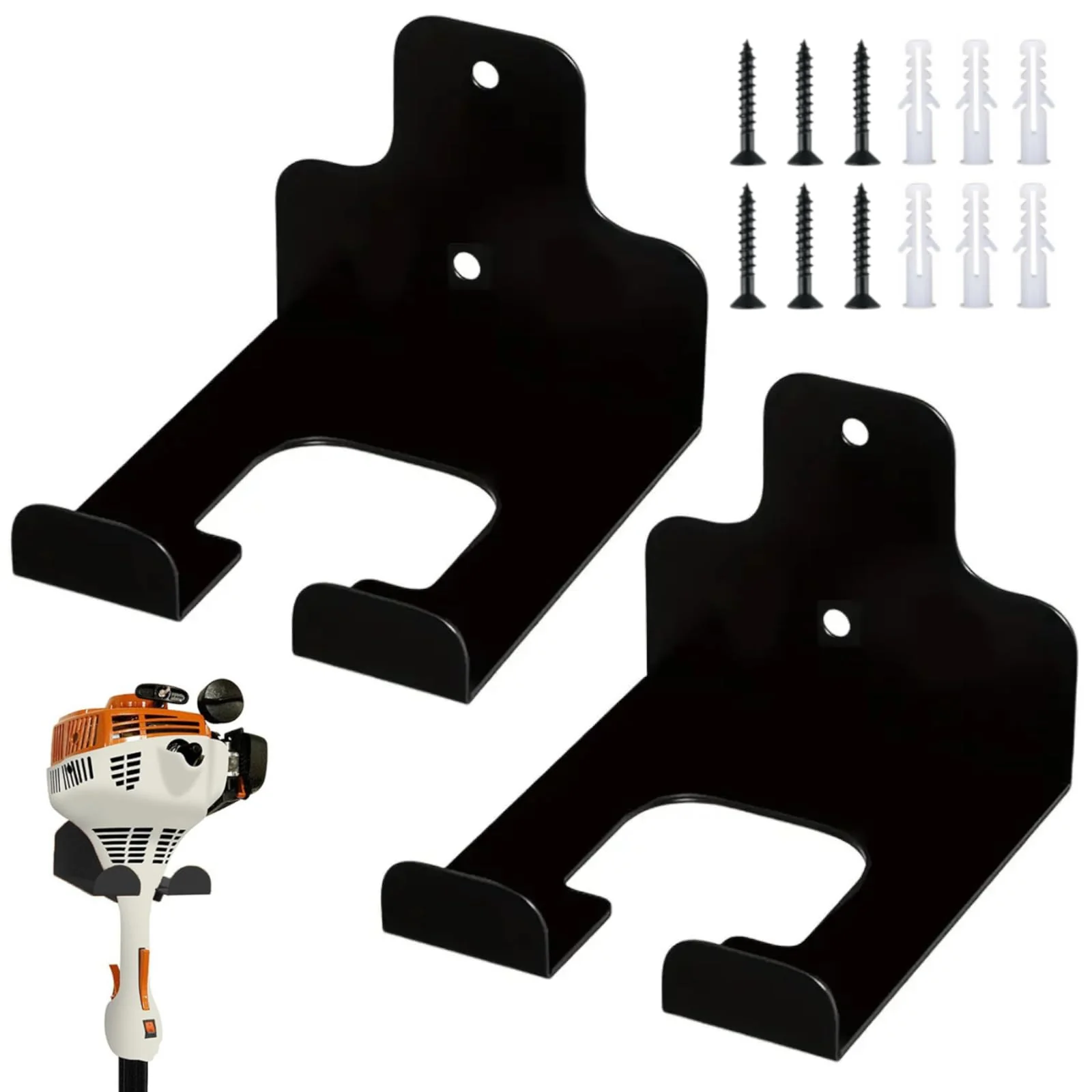 Pack of 2 Brush Cutter Holder, Wall Mount for Grass Trimmer, Garden Power Tool Hanger, with Matching Screws, for Garage Trimmer, Garden Tools - Black