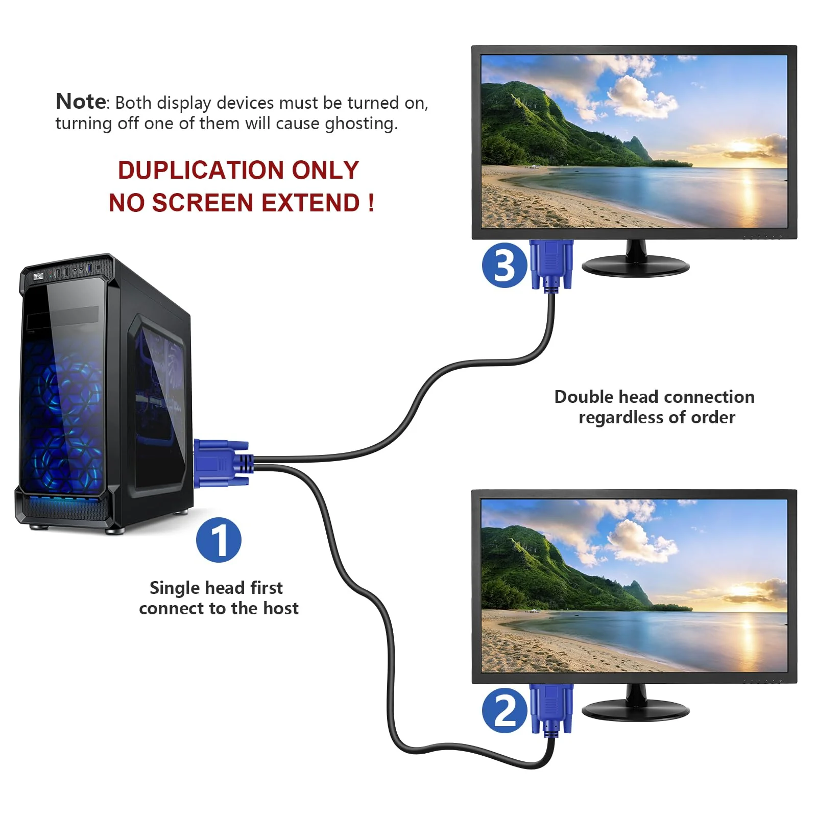 PASOW VGA Splitter Cable Dual Monitor Y Adapter Video Cord 1 Male to 2 Male Screen Duplication Support 1080P Full HD for projectors, HDTVs, Monitors (6ft) 6ft - Image 2