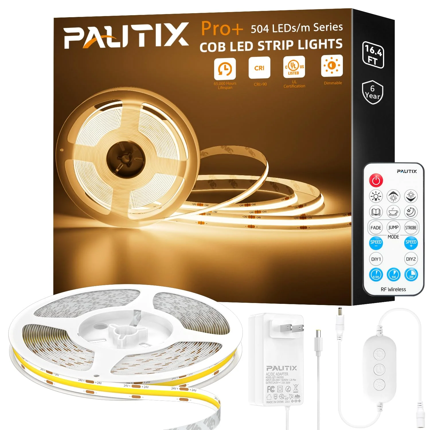 PAUTIX Warm White LED Strip Light 24V LED led Light Strip with Remote,3000K Super Bright 16.4ft/5m cob led Strip Light Dimmable Timer for Bedroom,Kitchen,Mirror,Cabinet,Shelf 16.4ft 3000K(Upgraded)