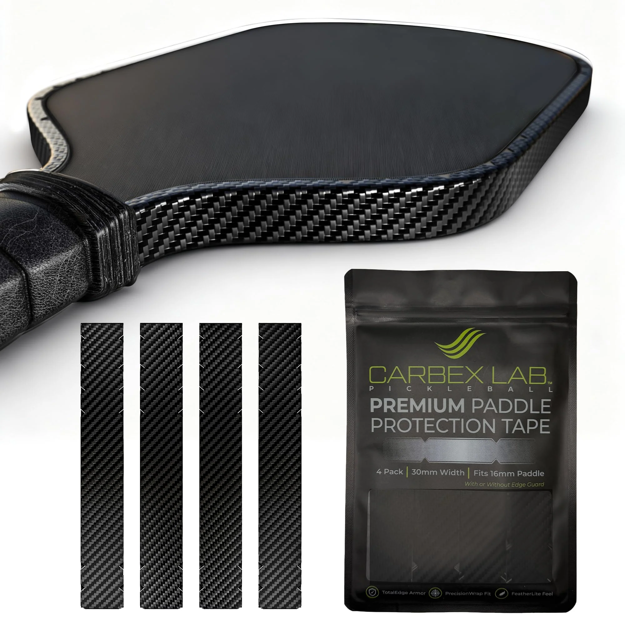 Pickleball Edge Guard Tape – 4-Pack PU Vinyl Strips – Universal Fit 26mm for 14mm Paddles / 30mm for 16mm Paddles – Durable, Wrinkle-Free Edge Shield, Court-Safe Wrap Accessory Carbon Black 30mm (Fits 16mm Paddle)