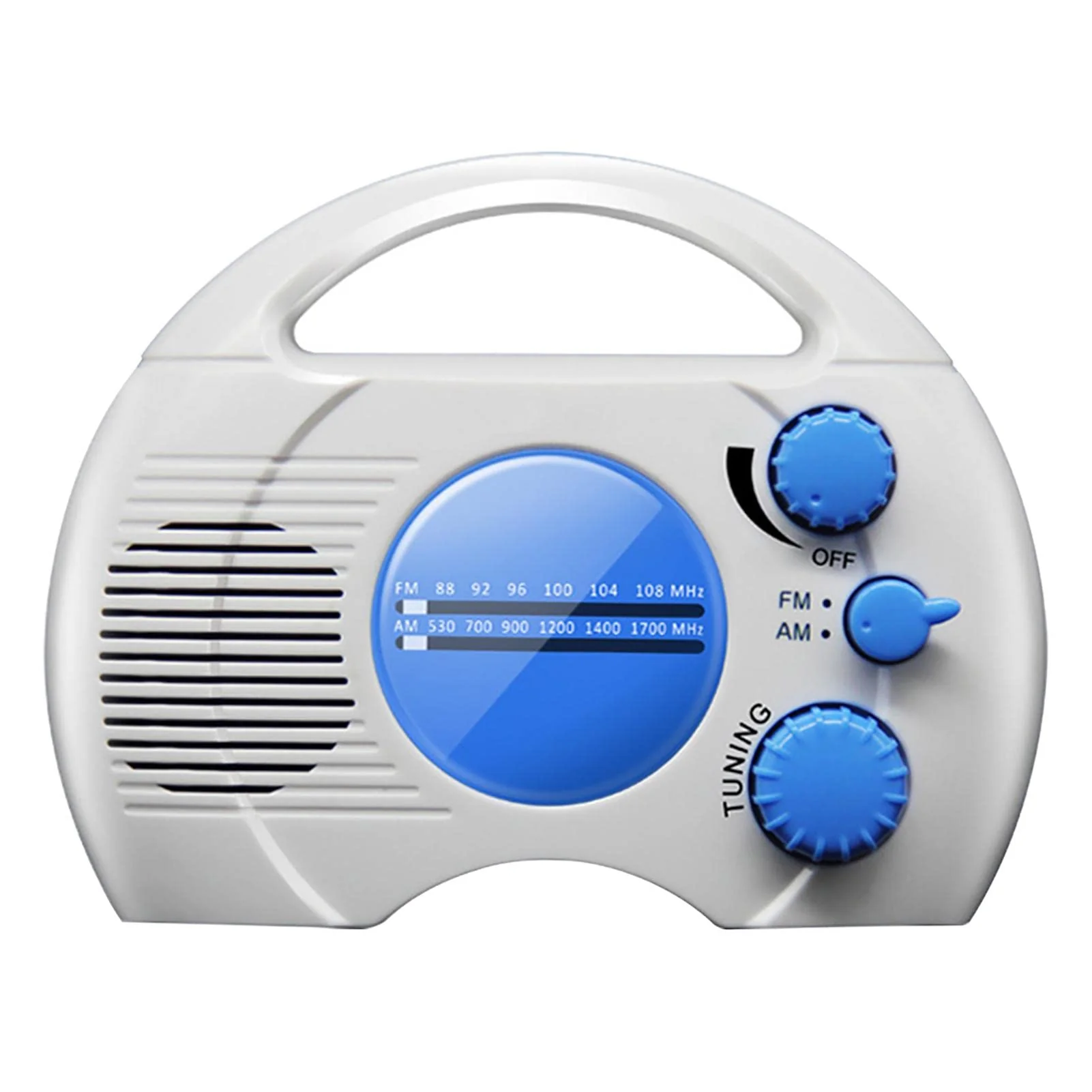 Portable AM/FM Shower Radio, Waterproof Hanging Radio with Built-in Speaker, Adjustable Volume, Battery Operated for Bathroom, Kitchen, Outdoor (Blue+White) blue+white