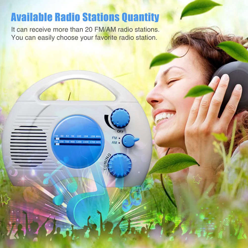 Portable AM/FM Shower Radio, Waterproof Hanging Radio with Built-in Speaker, Adjustable Volume, Battery Operated for Bathroom, Kitchen, Outdoor (Blue+White) blue+white - Image 3