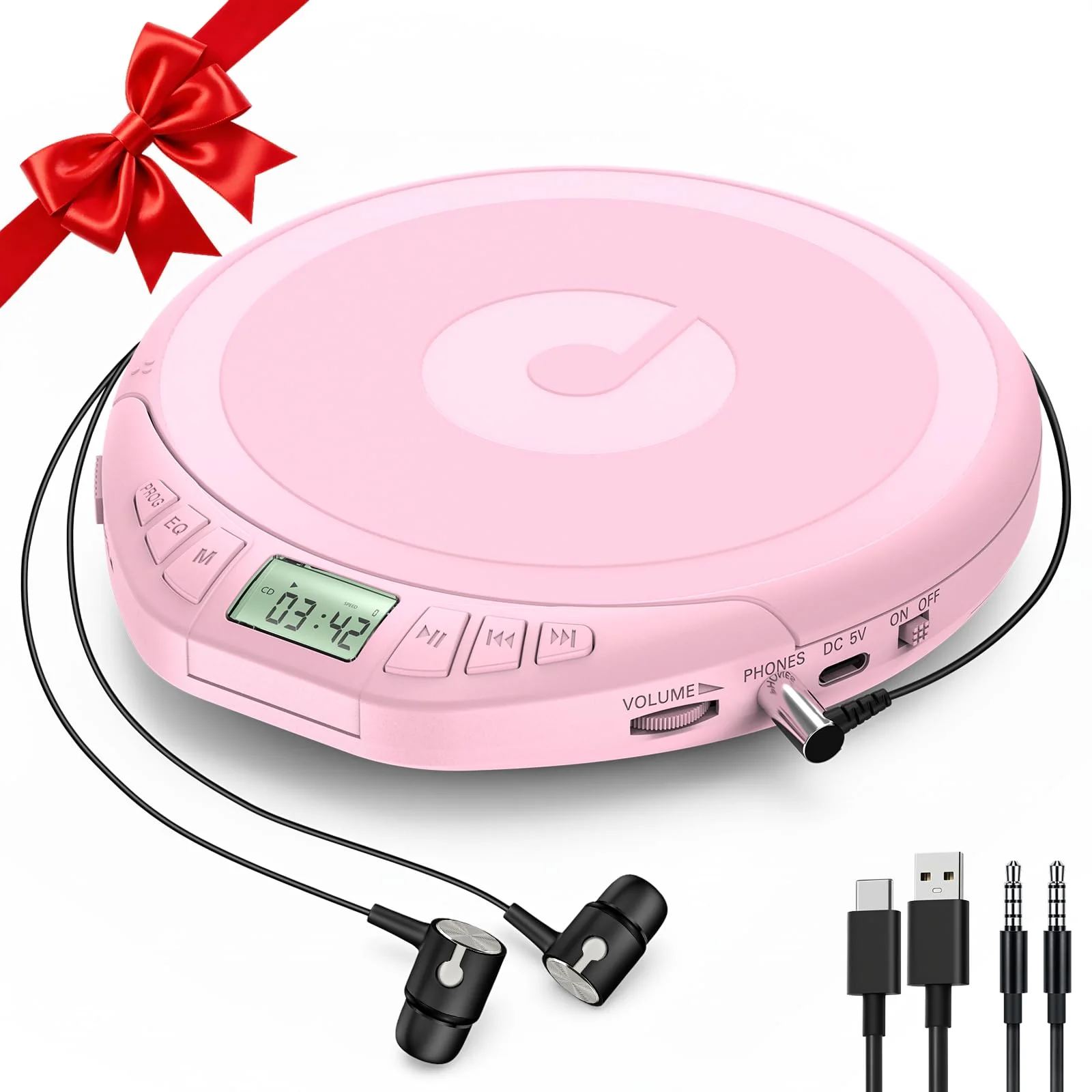 Portable CD Player for Car: Kegaudio with Earphones Anti-Skip LCD Display Personal Disman Disc Player for Car & Sports Supports MP3 WMA PROG & Memory Function Pink