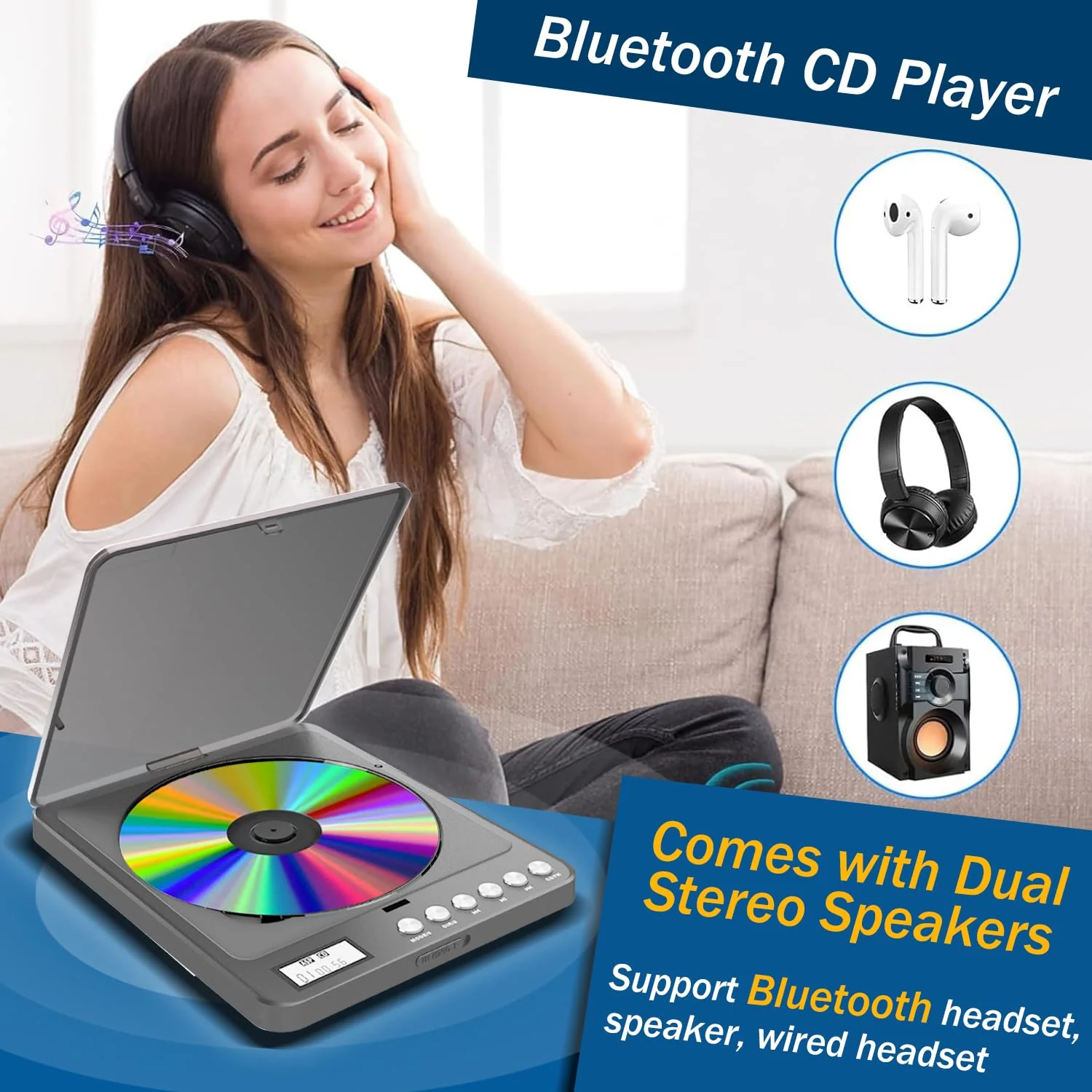 Portable CD Player with Bluetooth and FM Transmitter, 2000mAh Rechargeable Bluetooth CD Players with Speakers Dual Headphones Jack Anti-Skip cd Player for Car Home Adults Kids 766-Bluetooth Black - Image 2