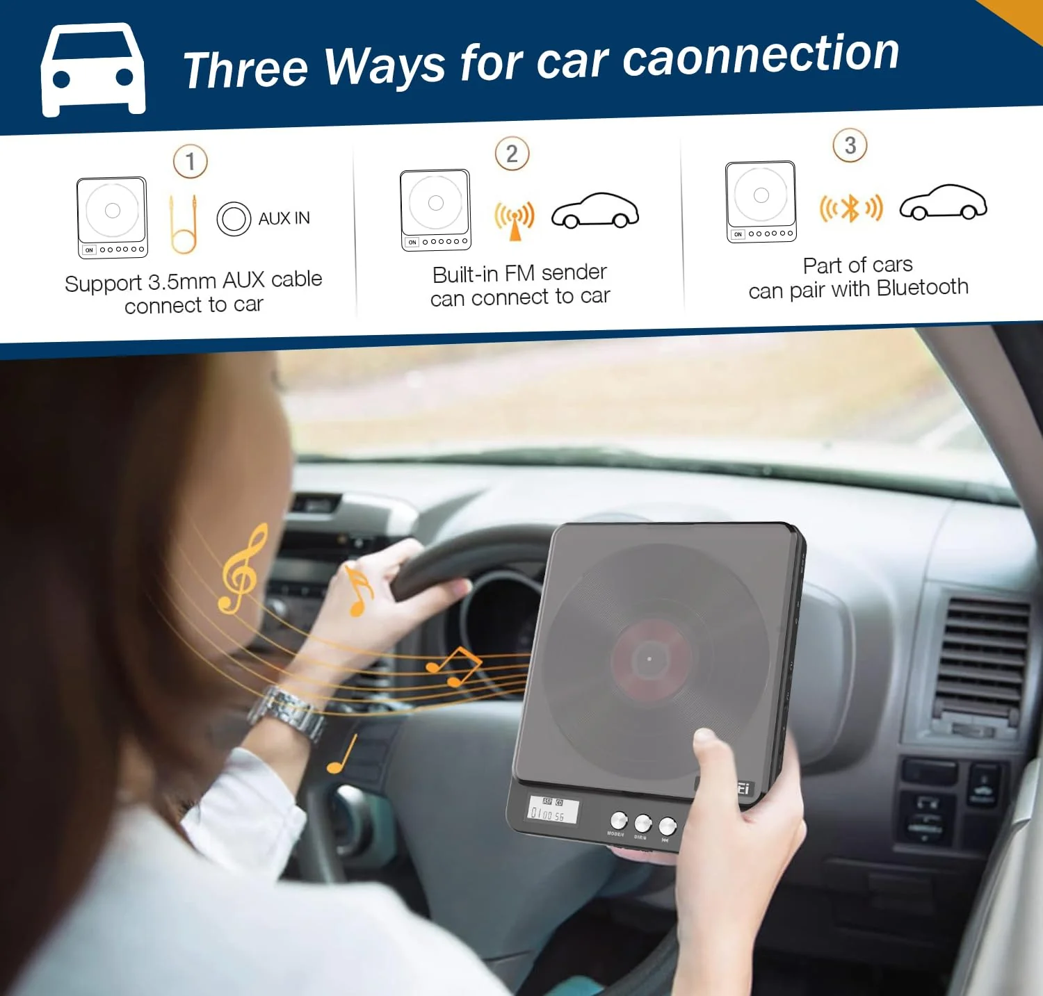 Portable CD Player with Bluetooth and FM Transmitter, 2000mAh Rechargeable Bluetooth CD Players with Speakers Dual Headphones Jack Anti-Skip cd Player for Car Home Adults Kids 766-Bluetooth Black - Image 3