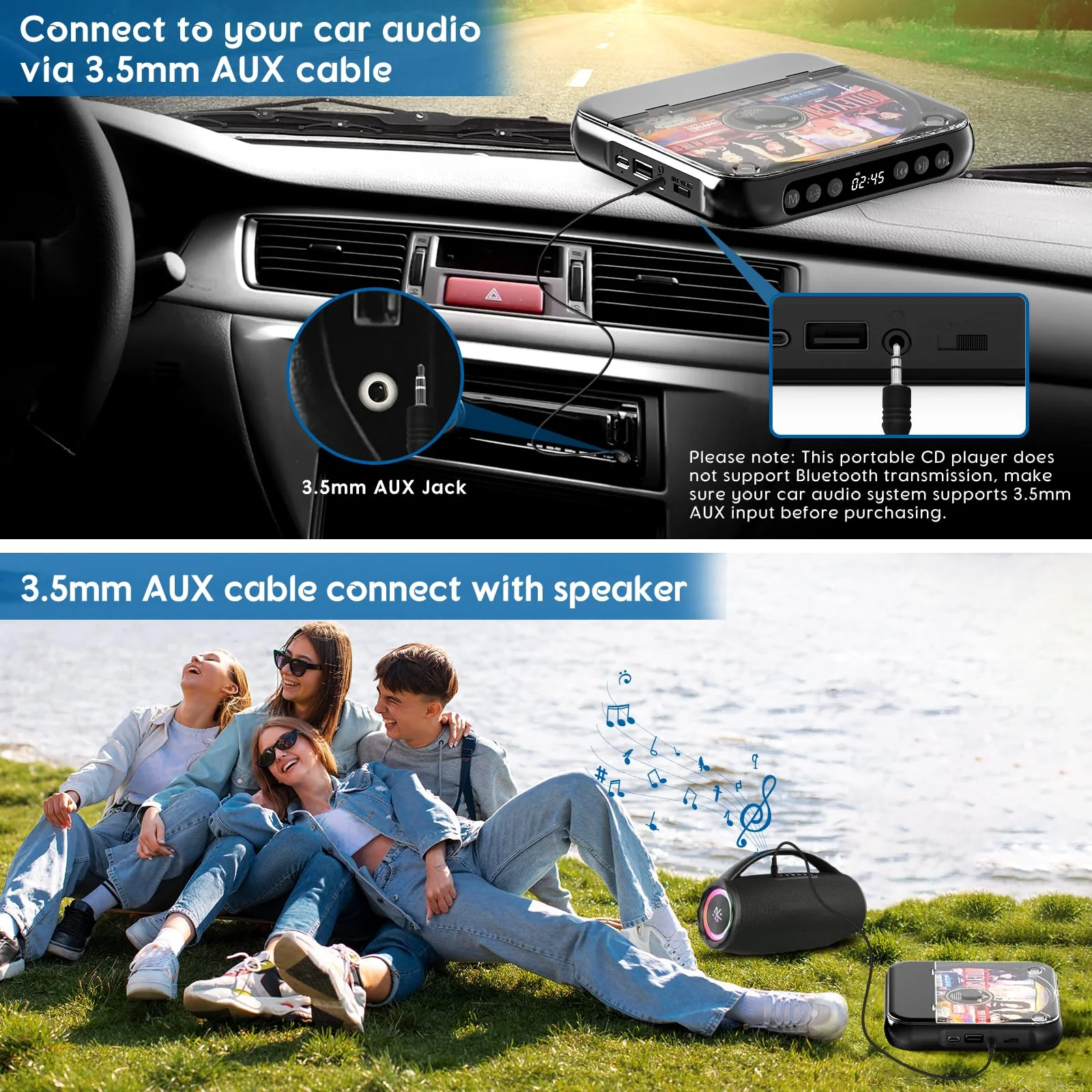 Portable CD Player with Bluetooth, Rechargeable Small CD Player, Built-in HiFi Speakers, Walkman CD Player with Headphones, LCD Screen, Support CD/AUX/USB/Repeat, Black - Image 4