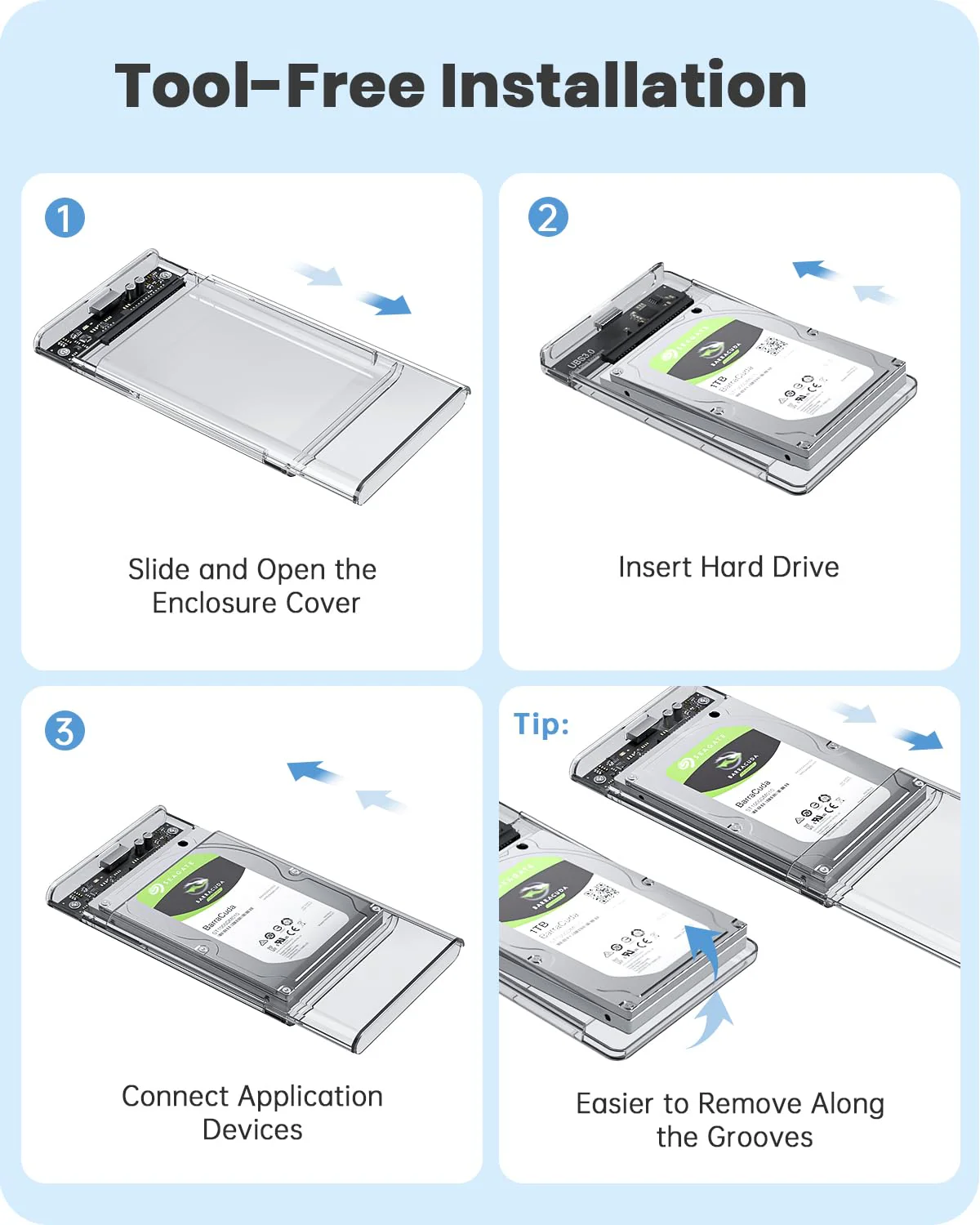 POSUGEAR 2.5'' External Hard Drive Enclosure USB 3.0 to SATA III Tool Free Clear External Hard Drive Case for 7mm/9.5mm 2.5 inch SSD HDD with UASP, Compatible with WD Toshiba Samsung PS4 Xbox PC TV - Image 2