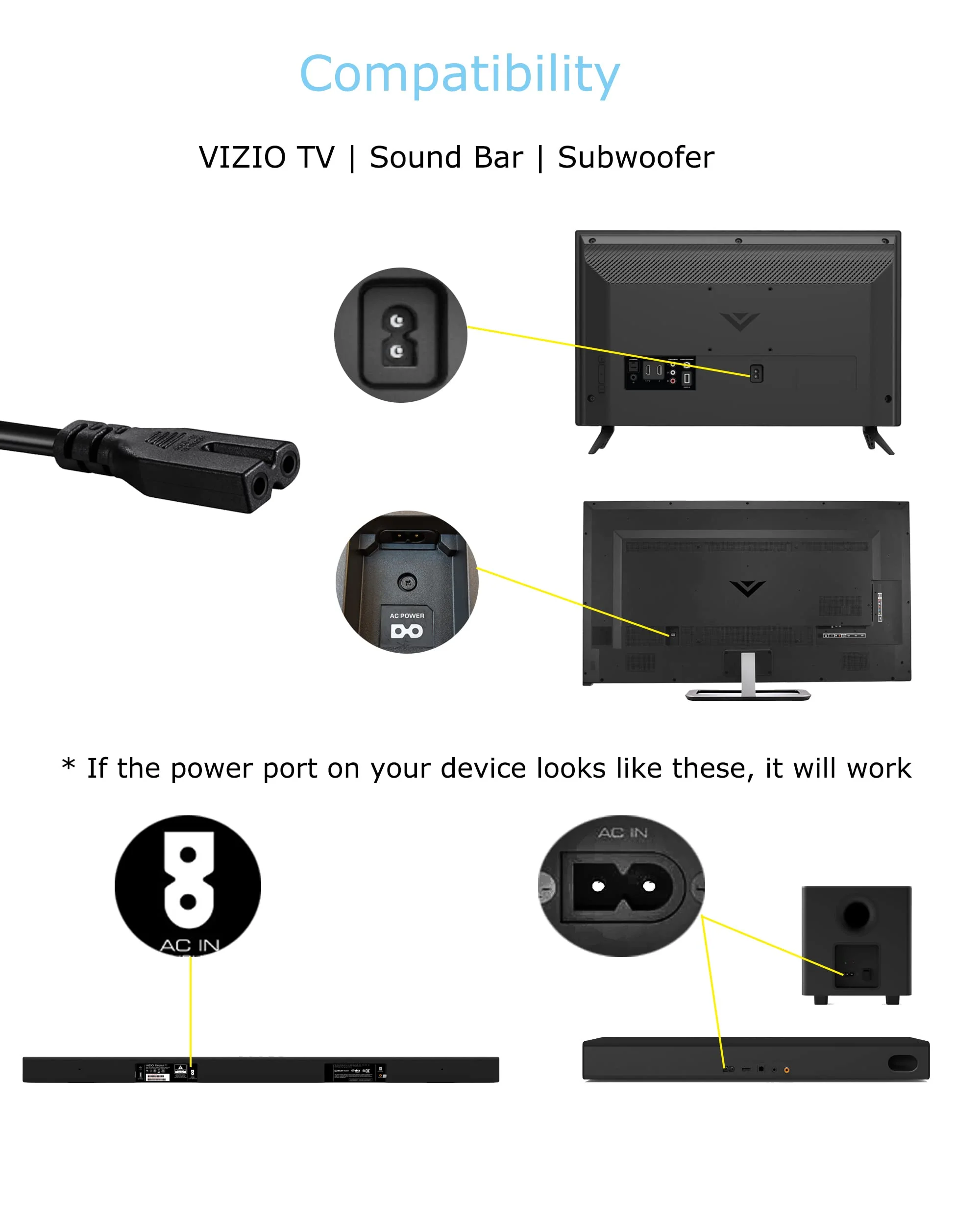 Power Cord Compatible with Vizio E-M Series LED Smart TV, Vizio Sound Bar System 6 FT - Image 3