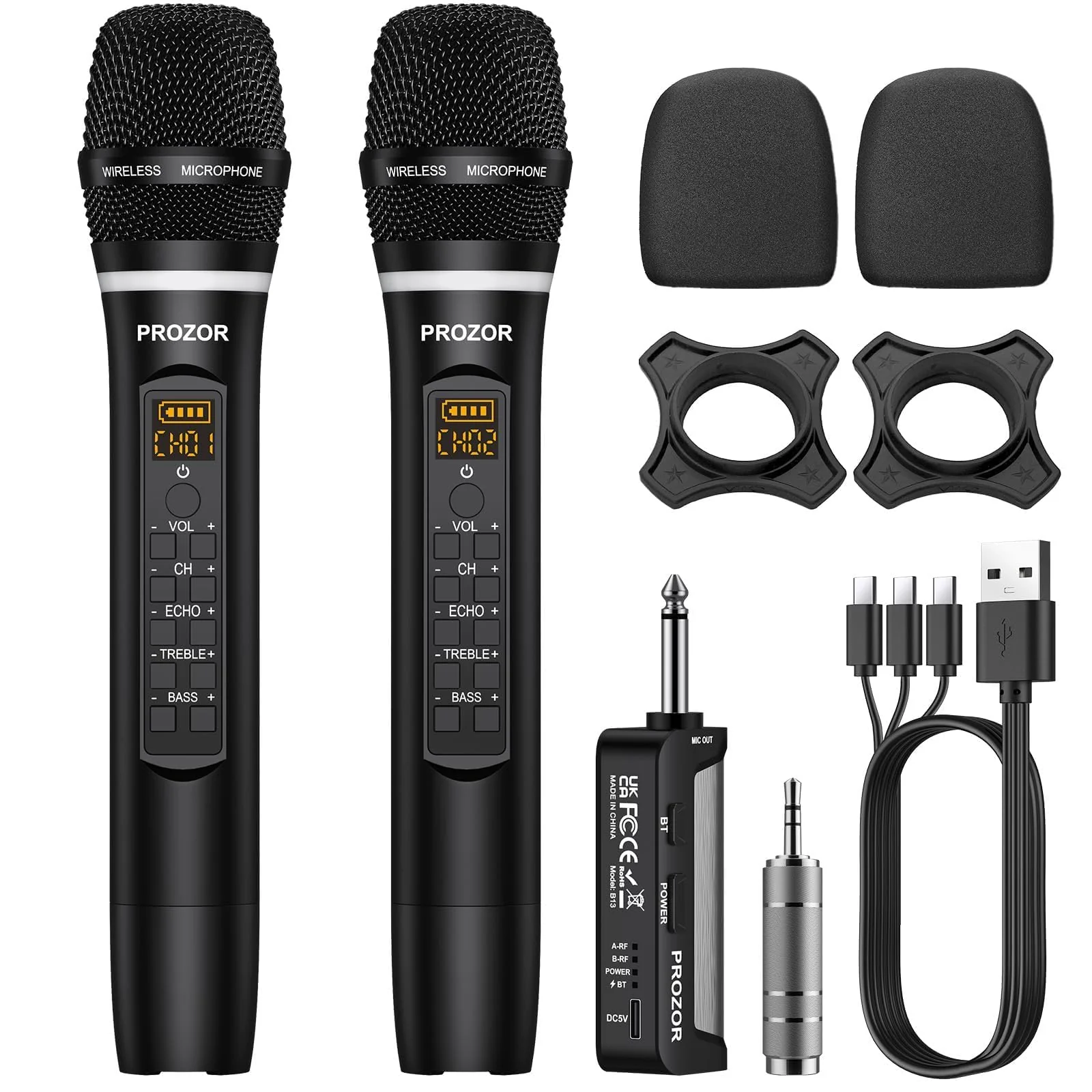 PROZOR UHF Wireless Microphone with Volume Treble Bass Echo Control, Wireless Rechargeable Mic Dual Handheld Dynamic Mic System with Rechargeable Receiver, for Karaoke Machines, DJ, Church, Weddings Rechargeable Portable Bluetooth UHF Mic – Echo Control