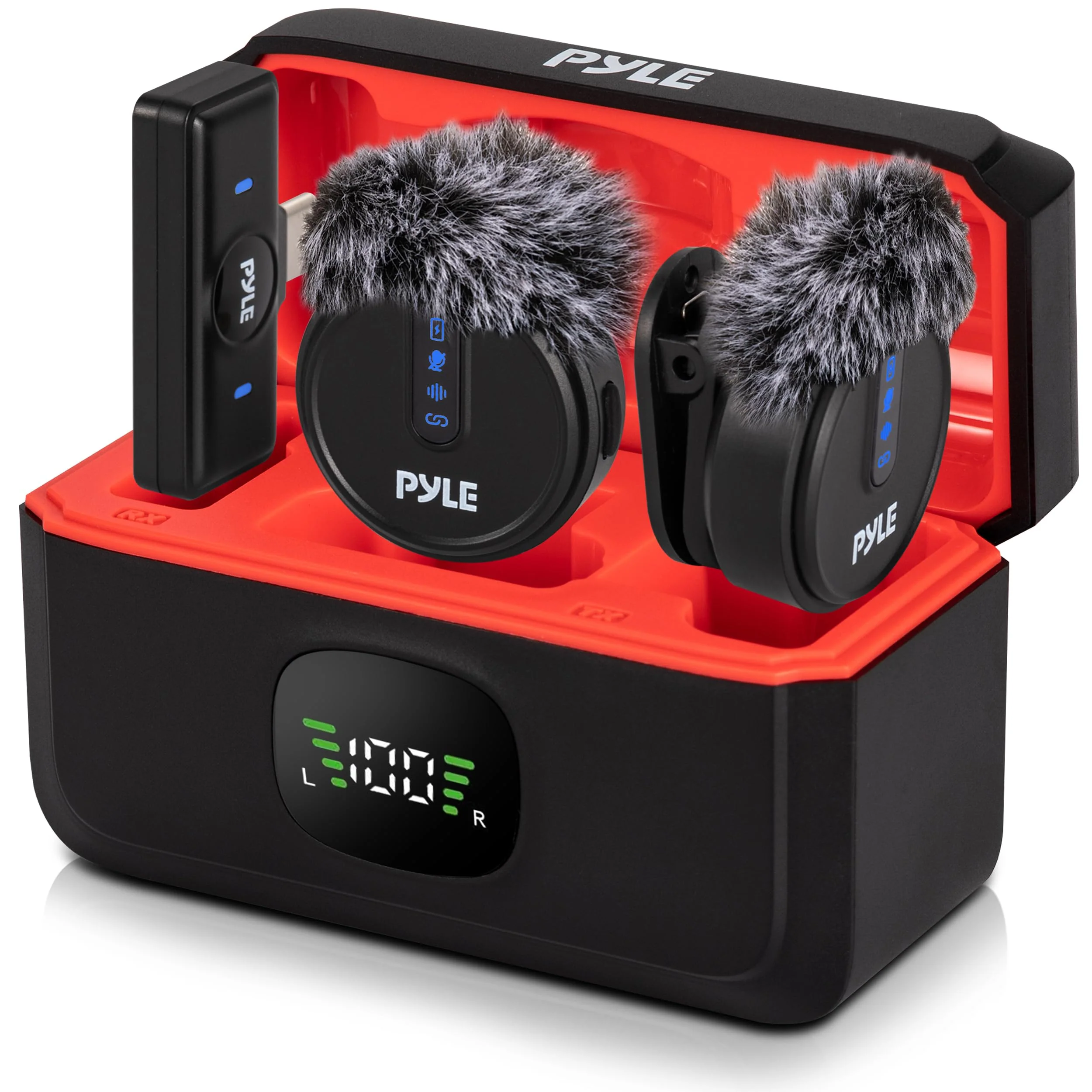 Pyle Wireless Lavalier Microphone System | Noise-Canceling Clip-On Mic with Magnetic Mount, 8H Battery, Charging Case, Windscreens | USB-C Plug & Play for Vlogging, Interviews, Streaming & Podcasts