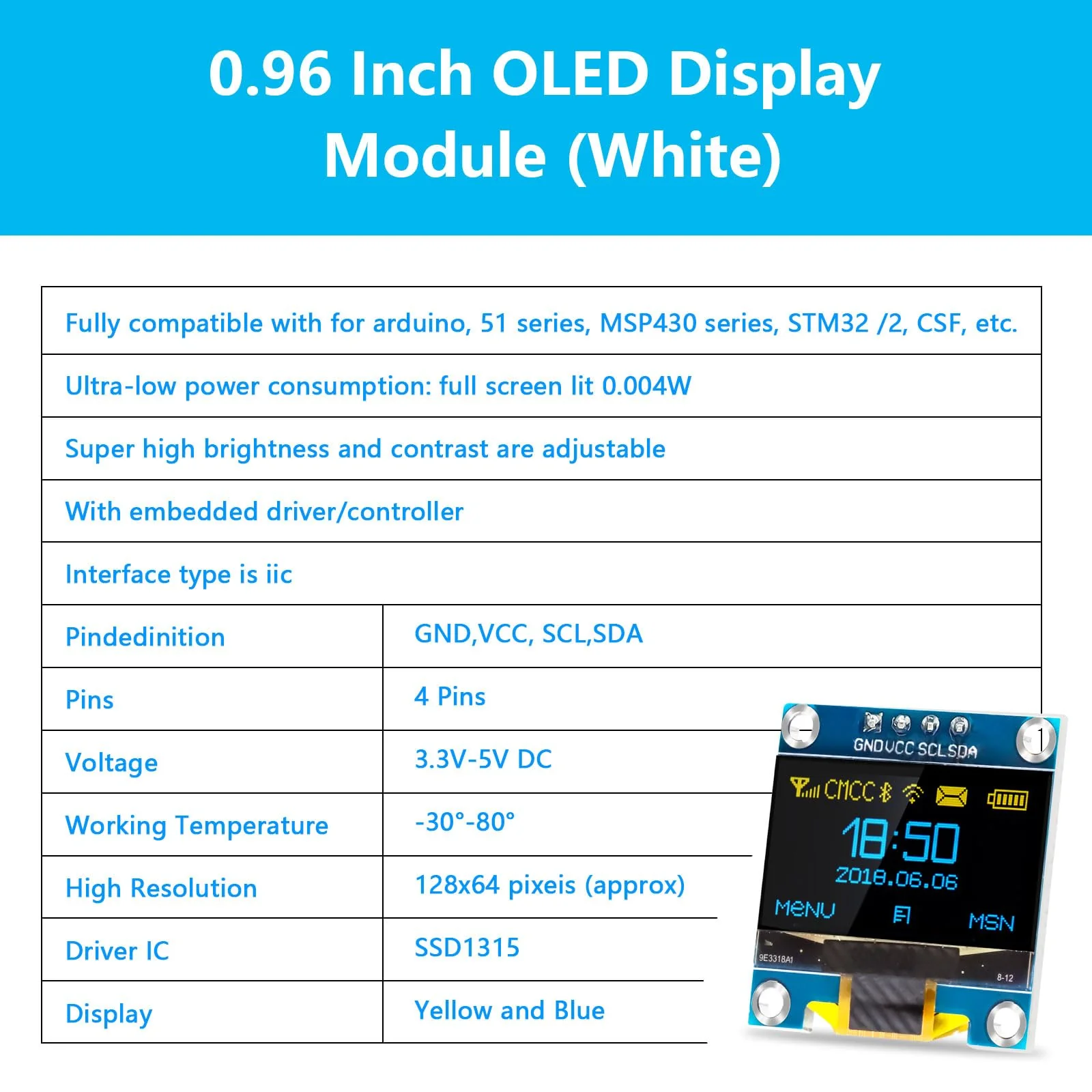 QIQIAZI 0.96 Inch OLED Display I2C Module, 5 Pieces I2C Display Module 128 x 64 Pixel I2C Screen Display Module Compatible with Arduino and Raspberry Pi (Yellow/Blue) - Image 5