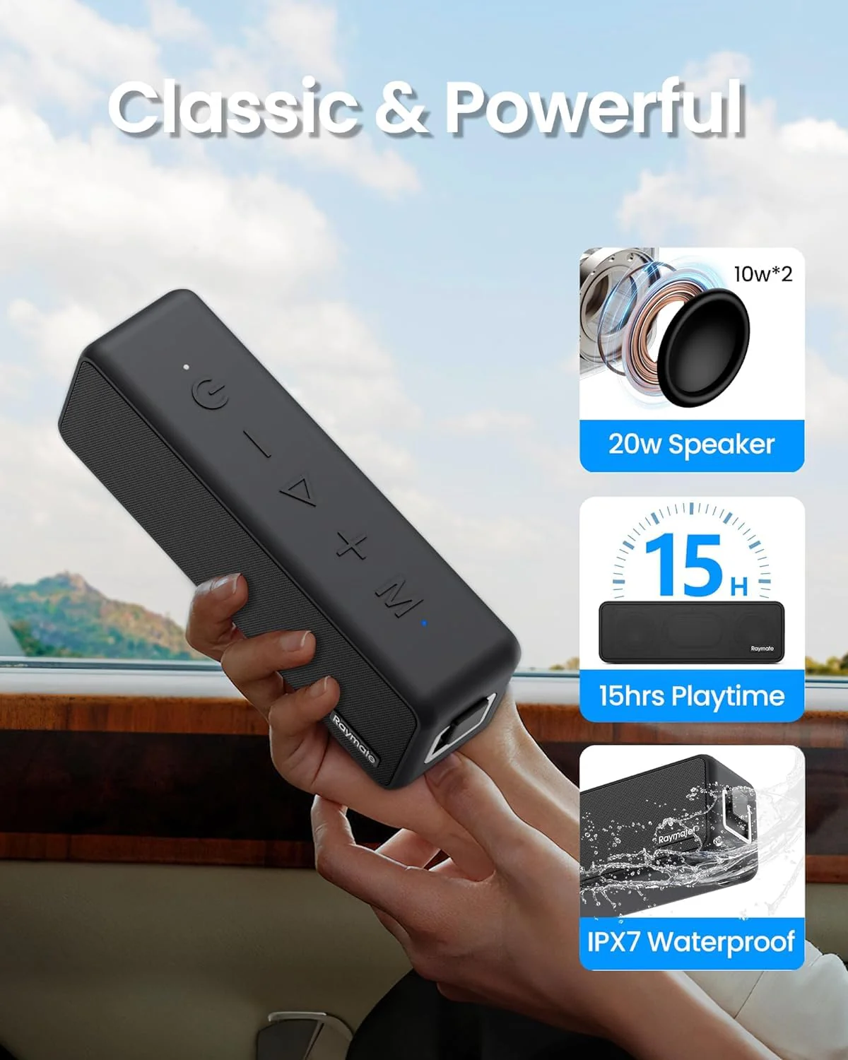 Raymate Bluetooth Speakers, 20W IPX7 Waterproof Speaker Wireless Bluetooth-V5.0, HiFi Stereo Sound, 1000mins Playtime, Portable Speaker for Home, Outdoor, Party Black - Image 3