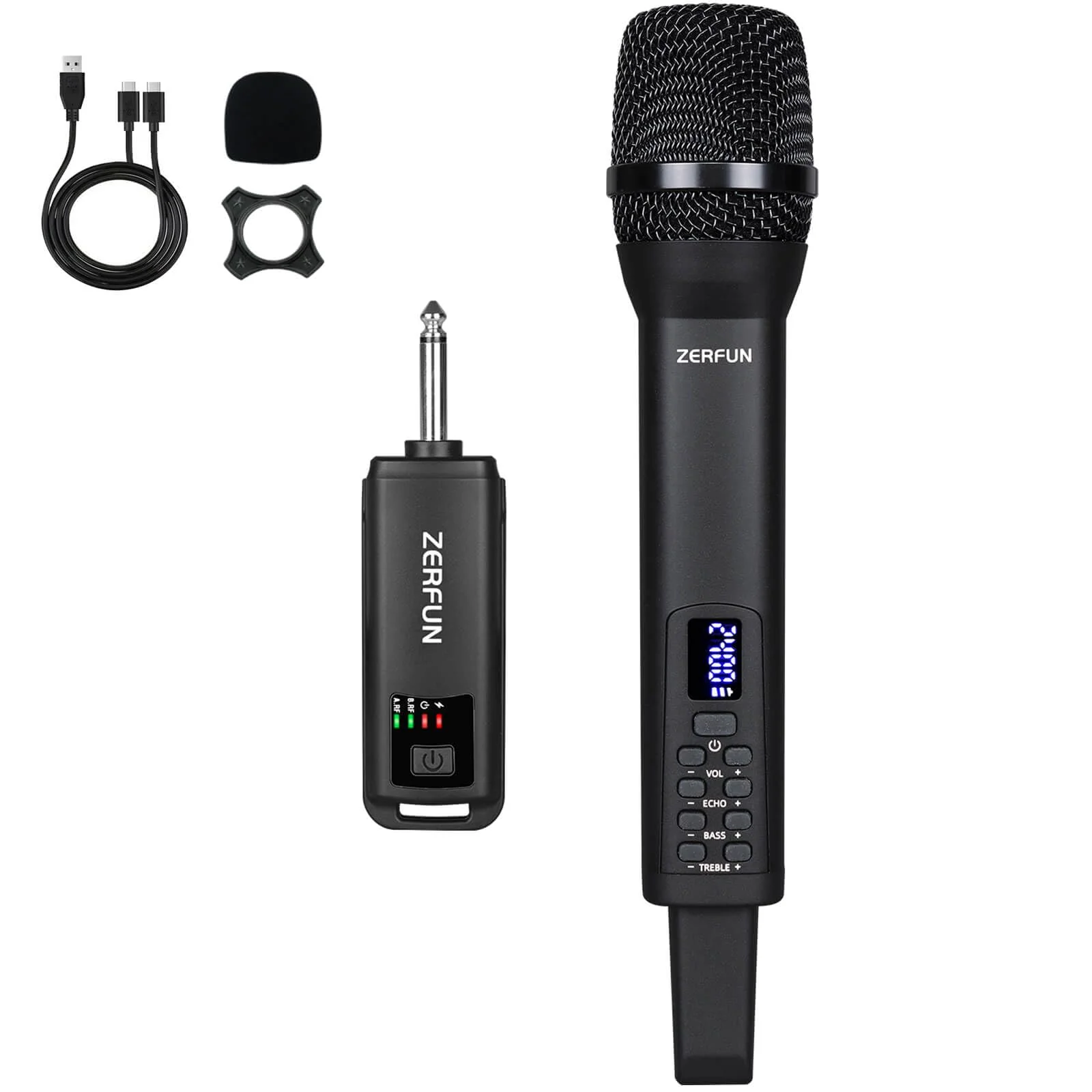 Rechargeable Wireless Microphone, Pro Handheld Cordless Mics System Dynamic with Echo Treble BASS VOL Control for Karaoke Singing Church Party, 1/4'' Output, D240, Black 1 Mic
