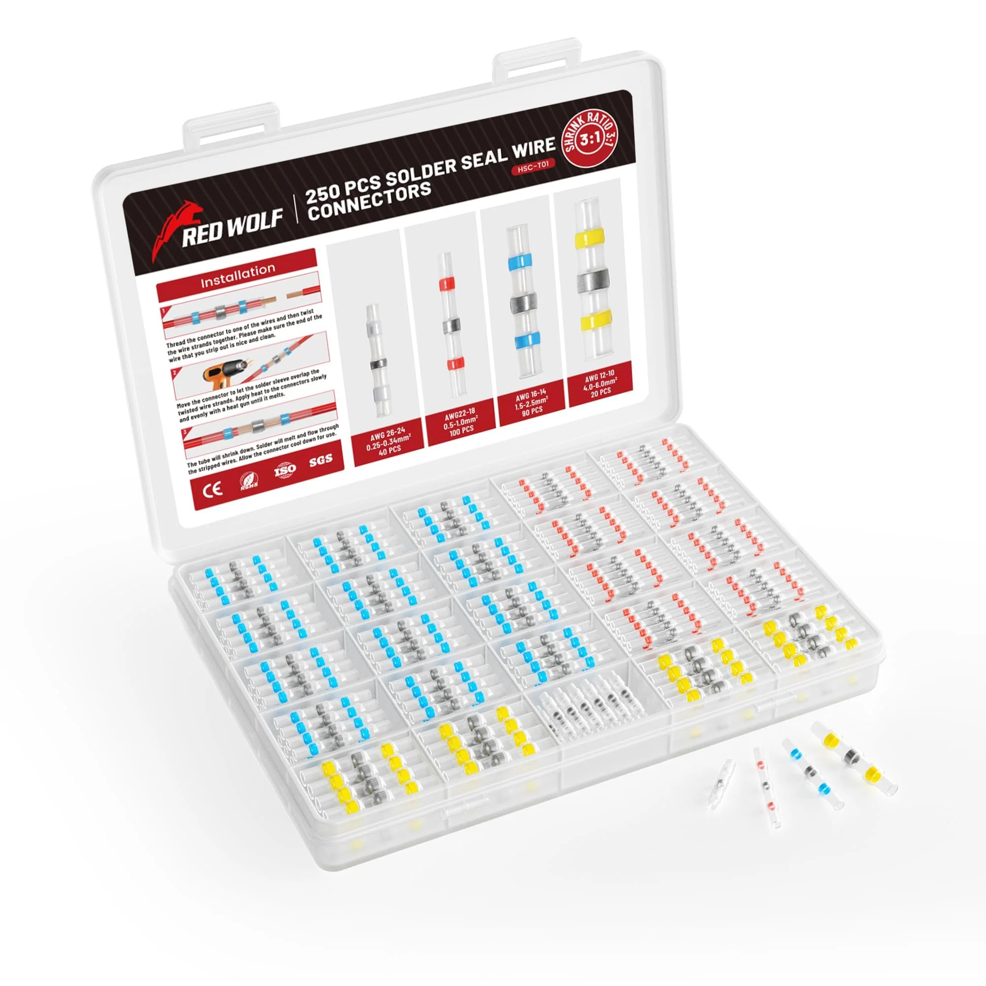 RED WOLF Solder Connectors, Heat Shrink Connectors, Pack of 250, Heat Shrink Welding, Butt Connectors for Automotive, Marine, Home, Waterproof Welded Connector Kit, Solder Seal Wire