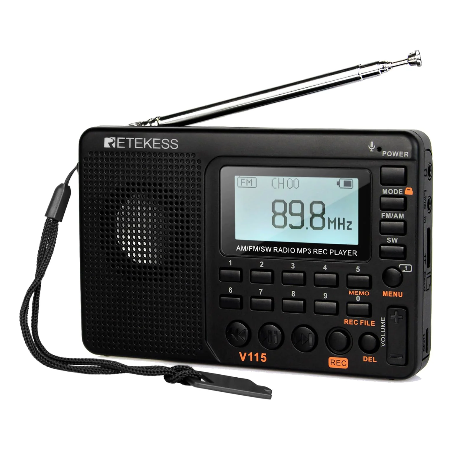 Retekess V115 Shortwave Radio, Digital Radio AM FM, Shortwave Receiver with 1000mAh Rechargeable Battery, Presets, TF/AUX Playback and Recording, Bass Speaker, for Camping AM FM SW
