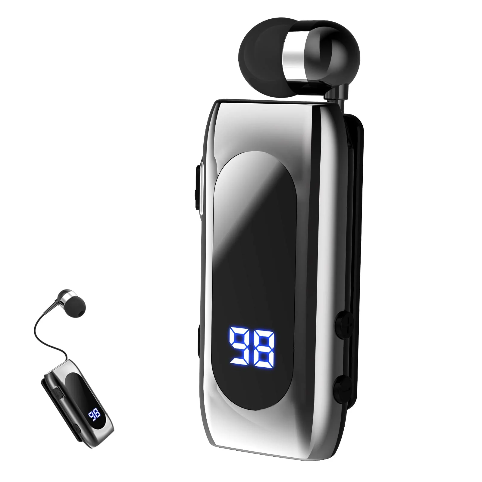 Retractable Wireless Headset Headphone Stereo Earphone V5.0 Noise Cancelling Mic Clip on Earpiece Comfortable HandsFree Headset 20Hrs Talking Time Sports Business Trucker Driver Earbud Light Gray