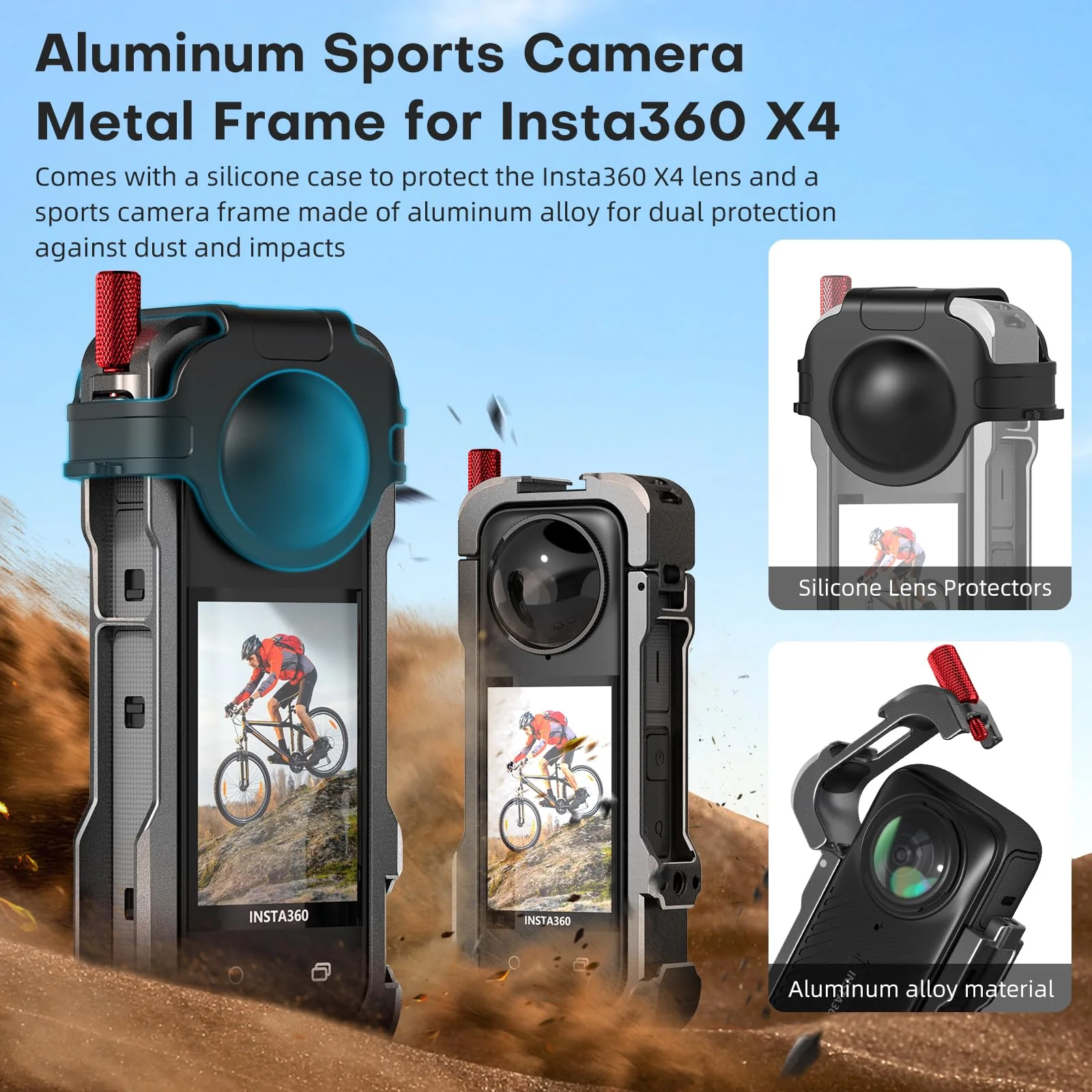 REYGEAK for insta-360 X4 Case, Aluminium Utility Frame for Insta360 X4,Protective Cage with Silicone Lens Cover,Cold Shoe Interface with 1/4" Threads Cold Shoe Mount Folding Fingers - Image 2