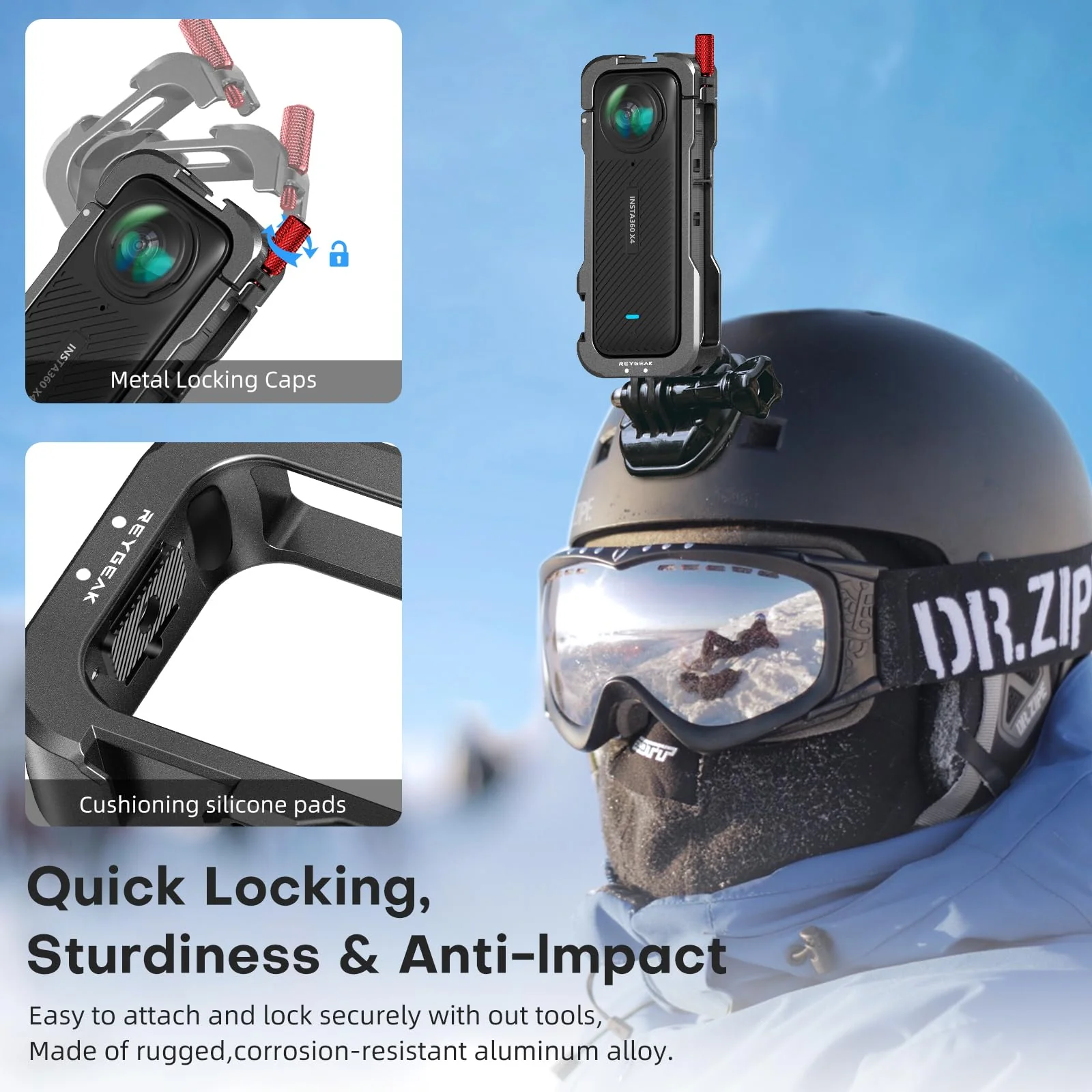 REYGEAK for insta-360 X4 Case, Aluminium Utility Frame for Insta360 X4,Protective Cage with Silicone Lens Cover,Cold Shoe Interface with 1/4" Threads Cold Shoe Mount Folding Fingers - Image 4
