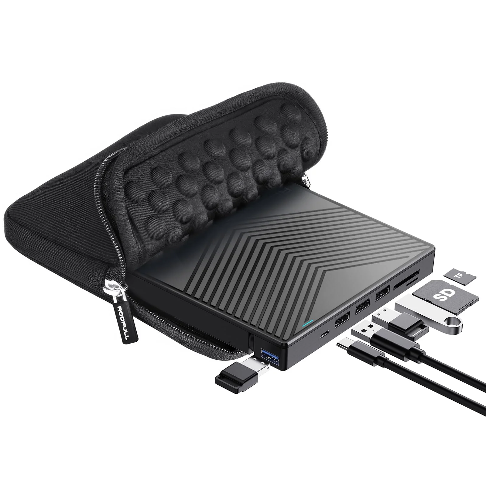 ROOFULL External CD DVD Drive Player Burner USB 3.0 & USB-C Portable CD/DVD-ROM +/-RW Optical Disk Drive with 4 USB Ports + 2 SD/TF Card Reader + Carrying Case for Laptop PC Windows Mac Linux Computer 8 In 1 Drive Ultra Slim with Carrying Case