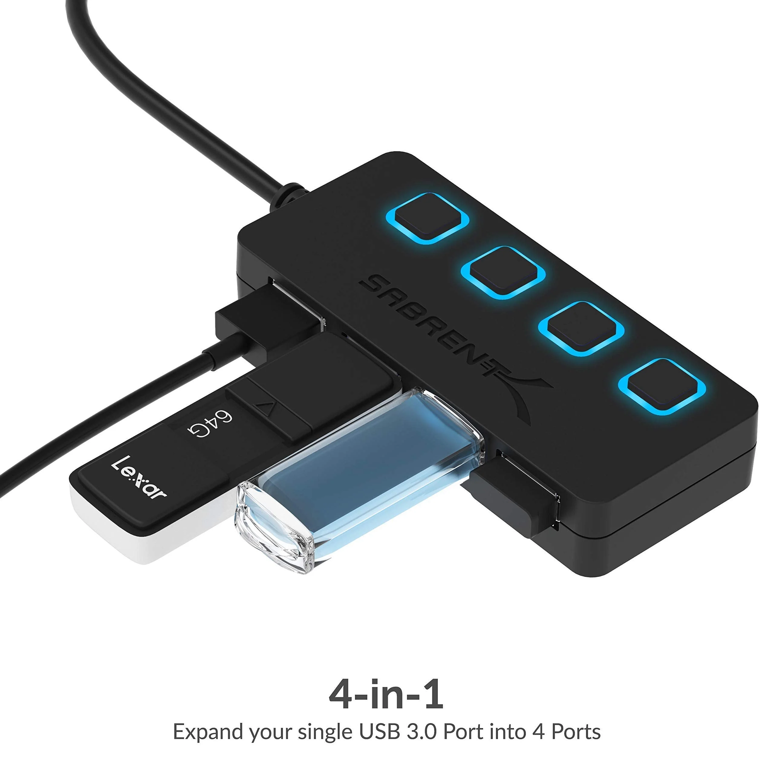 Sabrent 4-Port USB 3.0 Hub with Individual LED Power Switches | 2 Ft Cable | Slim & Portable | for Mac & PC (HB-UM43) - Image 3
