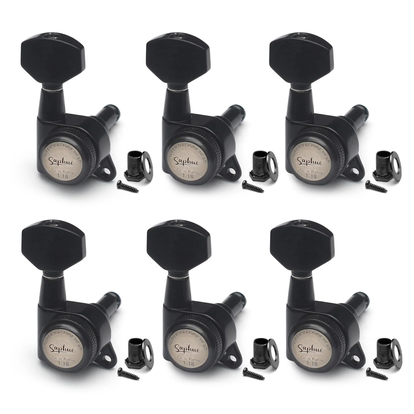 SAPHUE 6R Guitar Locking Tuners 1:18 Lock String Tuning Key Pegs Machine Head with Hexagonal Handle Replacement for Electric Folk or Acoustic Guitars (Black) Black