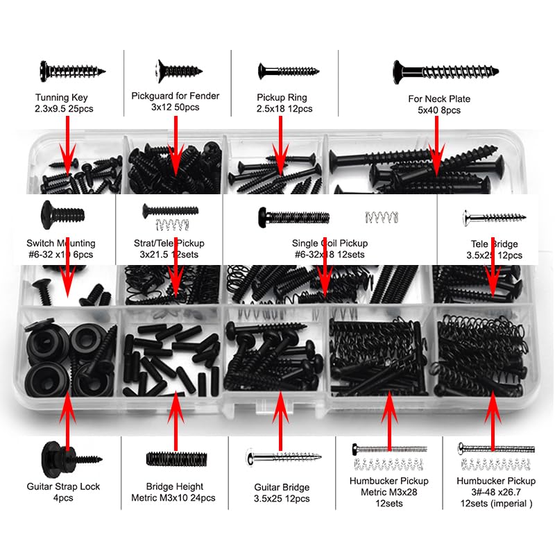 SAPHUE Guitar Screw Kit,201pcs Telecaster Kit, Pickguard Screws, Switch Plate Screws,For Fender/Tele/Strat/Sq,Tuner,Machine Head, Neck Plate,Guitar Strap End Pins,Pickup,Bridge, Guitar Repair Kit multi-size Black - Image 3