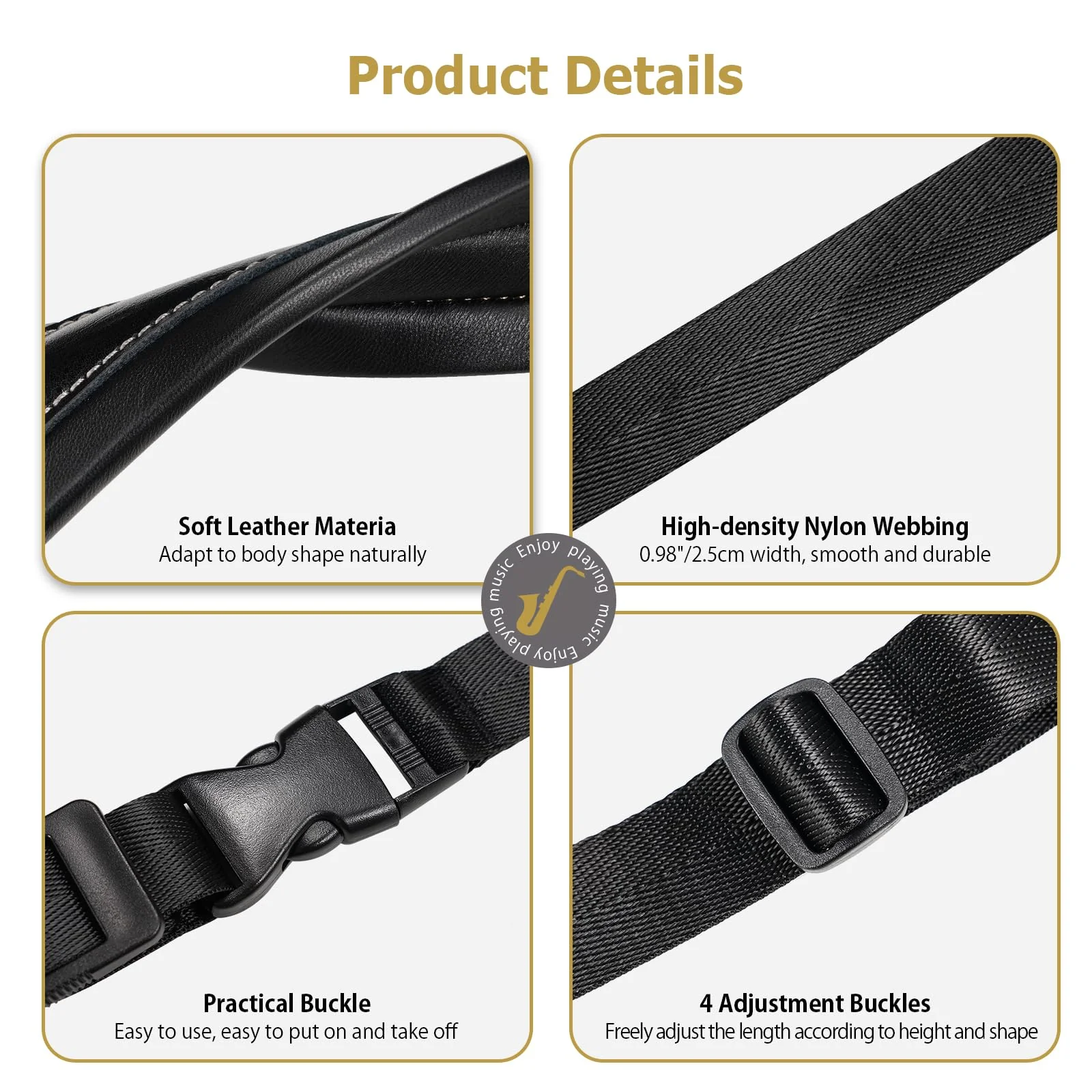 Saxophone Harness, Double Shoulder Adjustable Sax Strap with Soft Leather Padded, Widened & Thickened Design, Good Comfort, Reduce Neck Stress, for Alto/Tenor/Baritone/Soprano Saxophone - Image 6