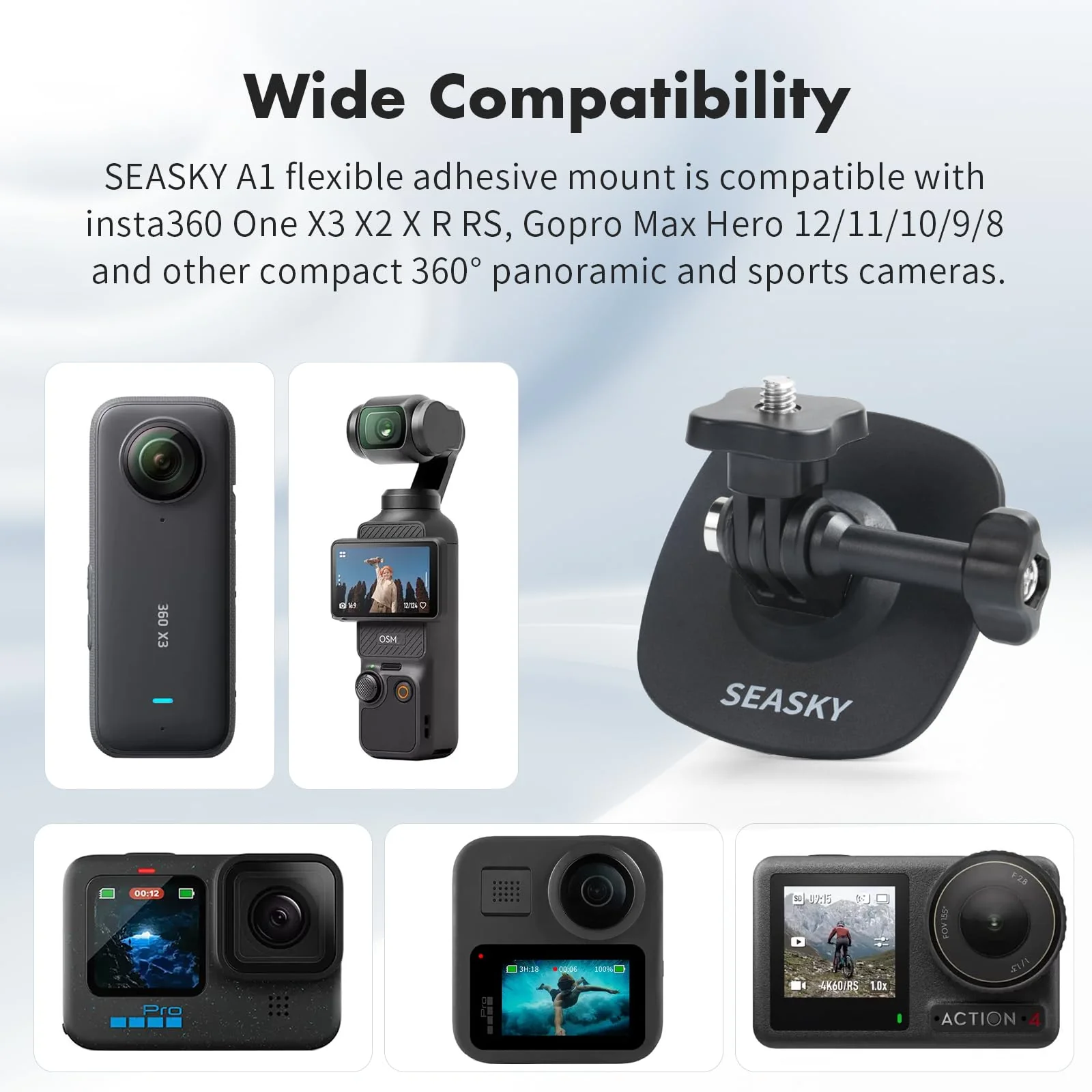 SEASKY [2Pack] A1 Flexible Adhesive Mount Kit Helmet Base for insta360 X4 X3 X2 One X RS for GoPro Max 360 Panoramic Camera Hero 12/11/10/9/8 Sports Camera Accessories for Any flat Curved surfaces - Image 5