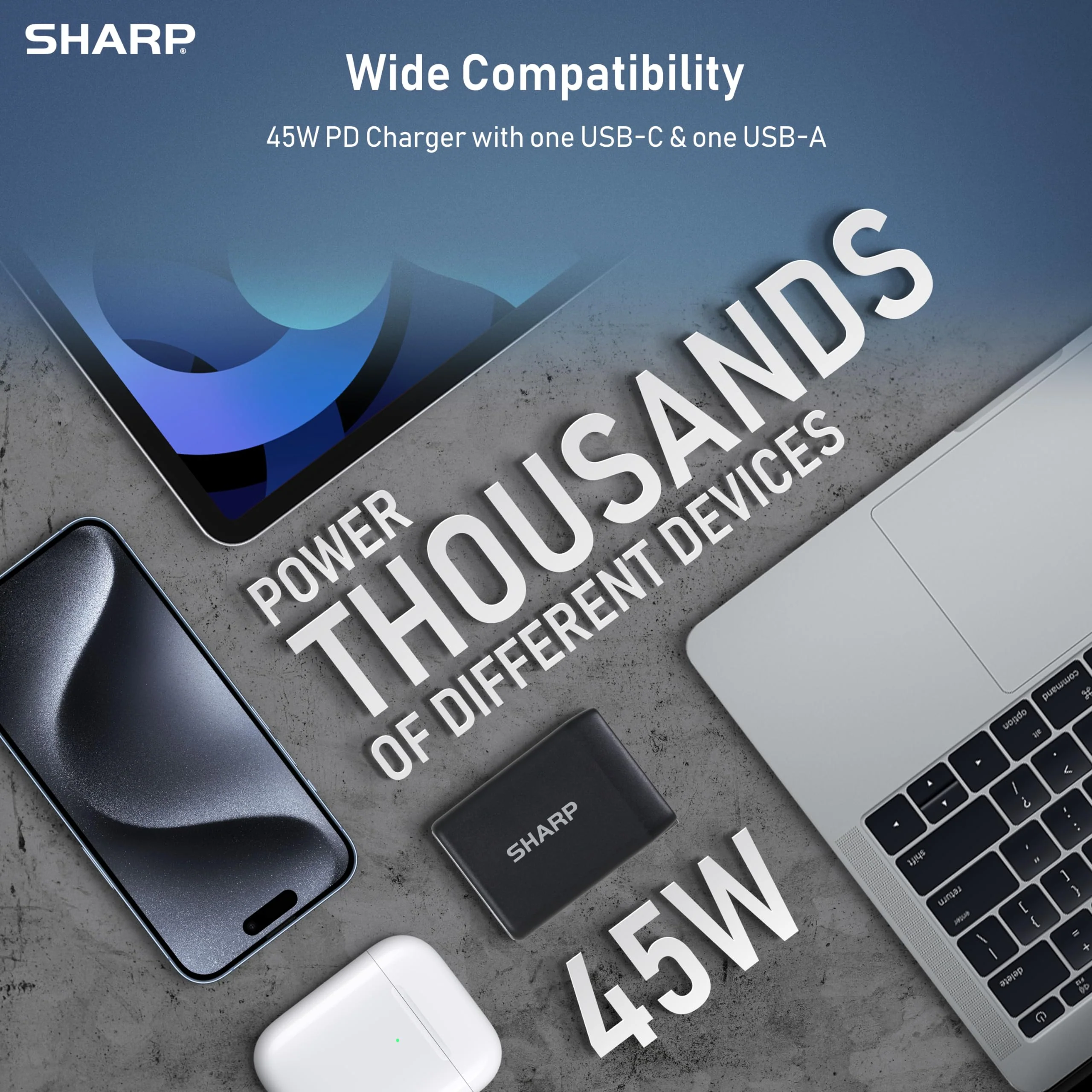 Sharp USB C Charger, 45W, 2 Port (USB A+C) Compact Foldable GaN Fast Charge for iPhone 15/15 Plus/15 Pro/15 Pro Max/14, Galaxy, Pixel 4/3, iPad/iPad Mini - Black - Image 2