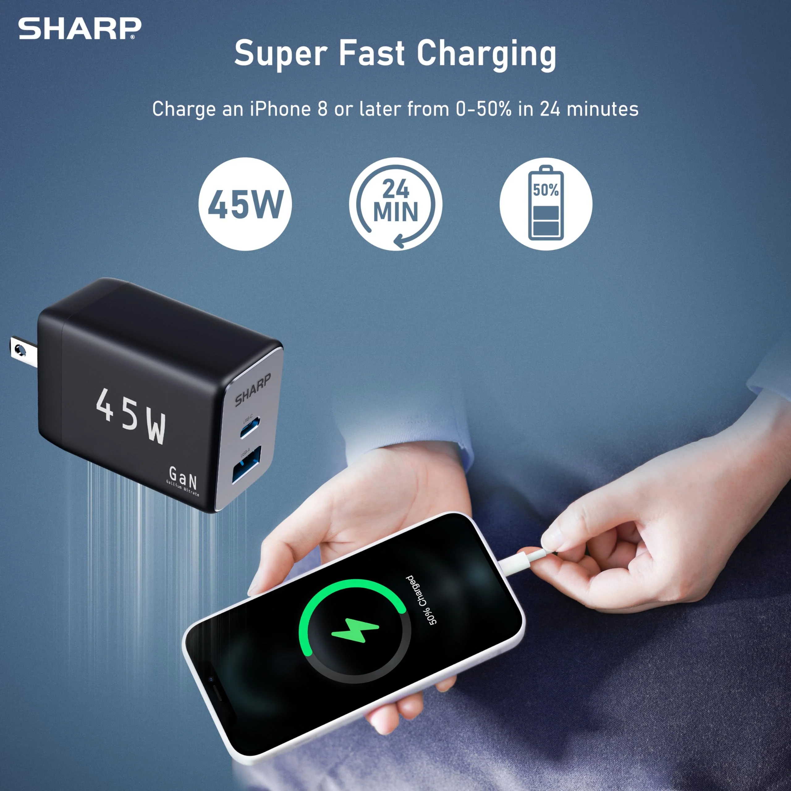 Sharp USB C Charger, 45W, 2 Port (USB A+C) Compact Foldable GaN Fast Charge for iPhone 15/15 Plus/15 Pro/15 Pro Max/14, Galaxy, Pixel 4/3, iPad/iPad Mini - Black - Image 5