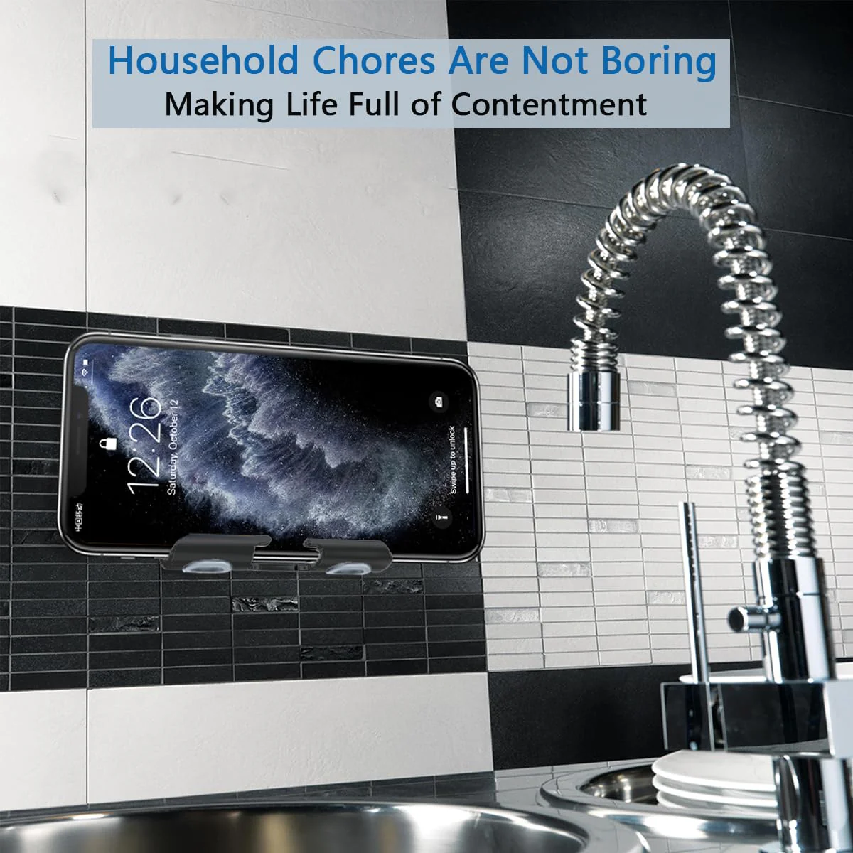 Shower Phone Holder with 2PCS Adhesive Stickers,Wall Mount Phone Stand for Bathroom,Kitchen,Office and More,Compatible with Smartphone(Black-Gray) Black-Gray - Image 4