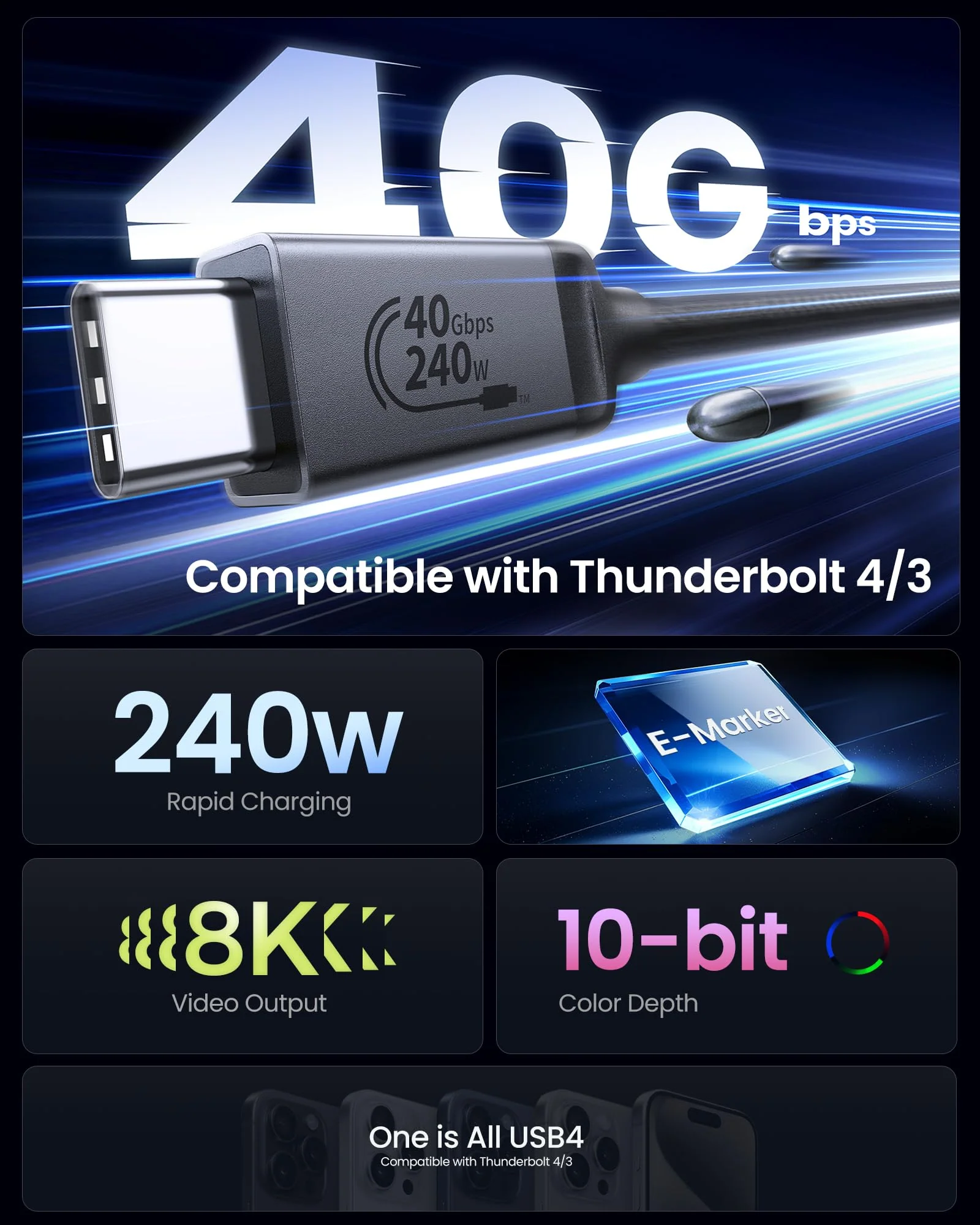 Silkland USB 4 Cable for Long Thunderbolt 4 Cable 10FT, 40Gbps/8K Display/240W Charging, USB C Thunderbolt 3 Cable 3M, USB C Monitor Cable Compatible for MacBook, Dock, iPhone 16/15, ARZOPA, KYY, SSD - Image 2