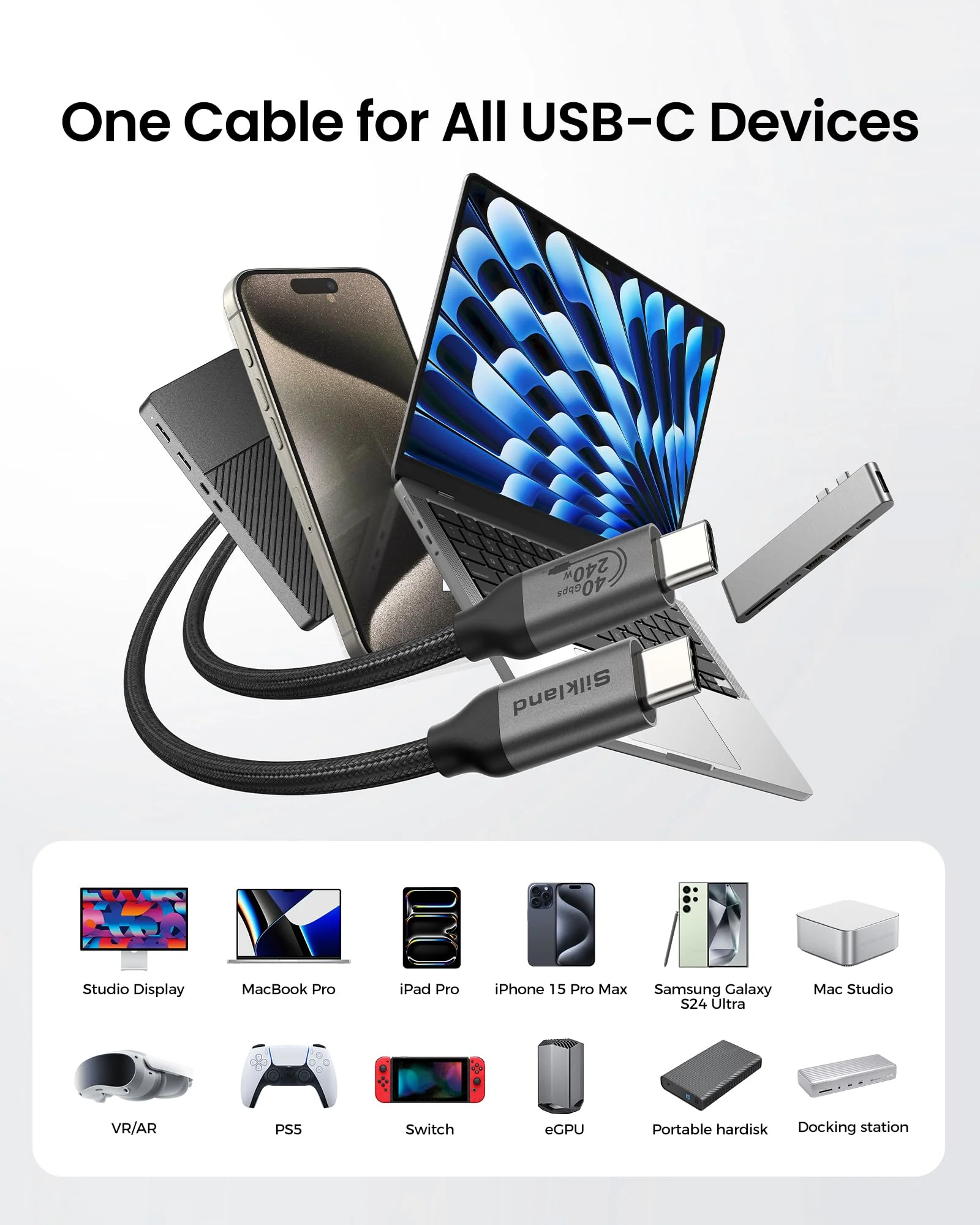Silkland USB 4 Cable for Thunderbolt 4 Cable 4FT, 40Gbps Data Sync, 8K/6K@60Hz, 240W, [USB-IF Certified] USB C Thunderbolt Cable, Compatible for MacBook, SSD, Docking, iPhone 16, eGPU - Image 7
