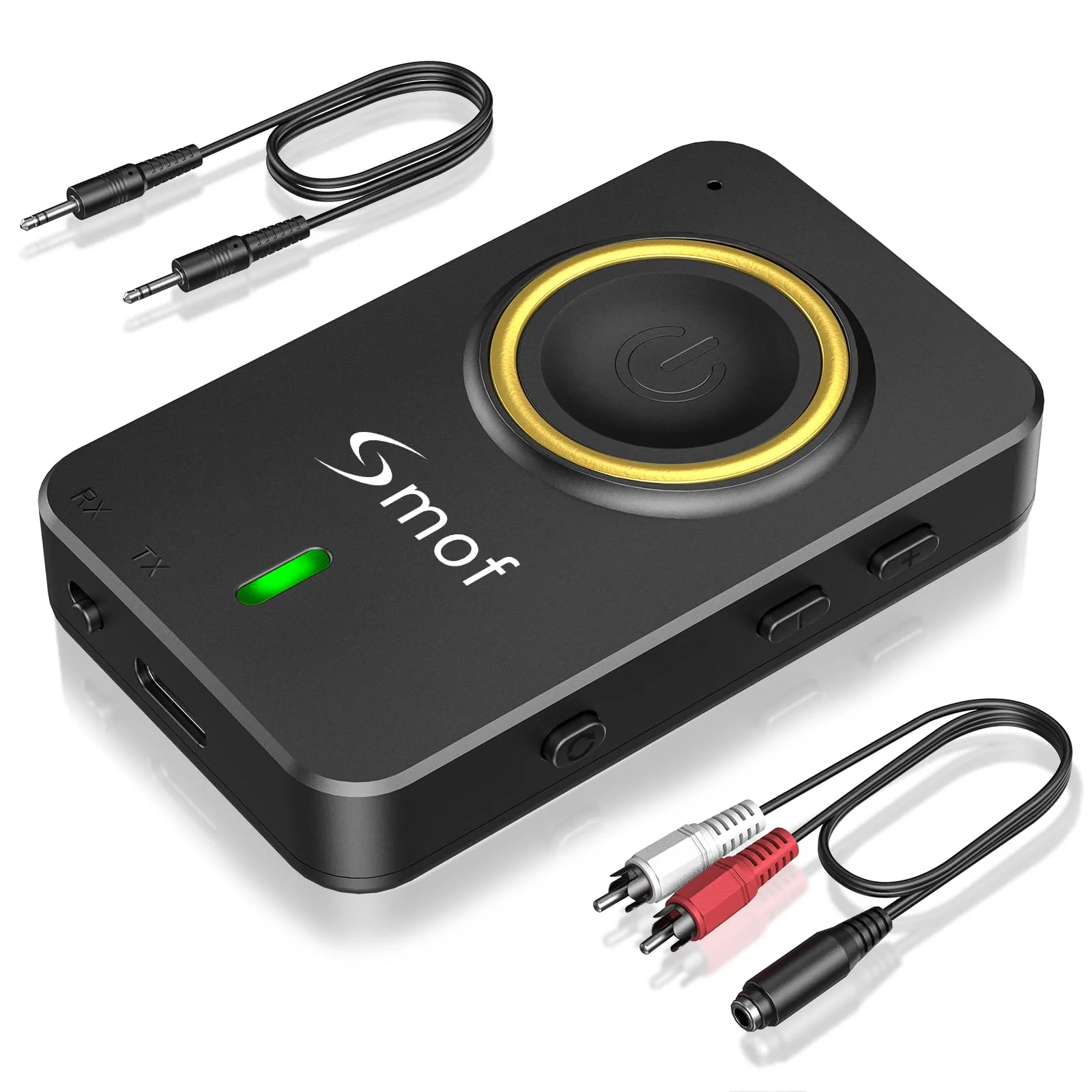 Smof Bluetooth Transmitter for TV, Bluetooth Receiver for Car Speaker, 2-in-1 Wireless 3.5mm Bluetooth Aux Adapter with Built-in Mic and Battery, Dual Link, aptX Low Latency (Black)