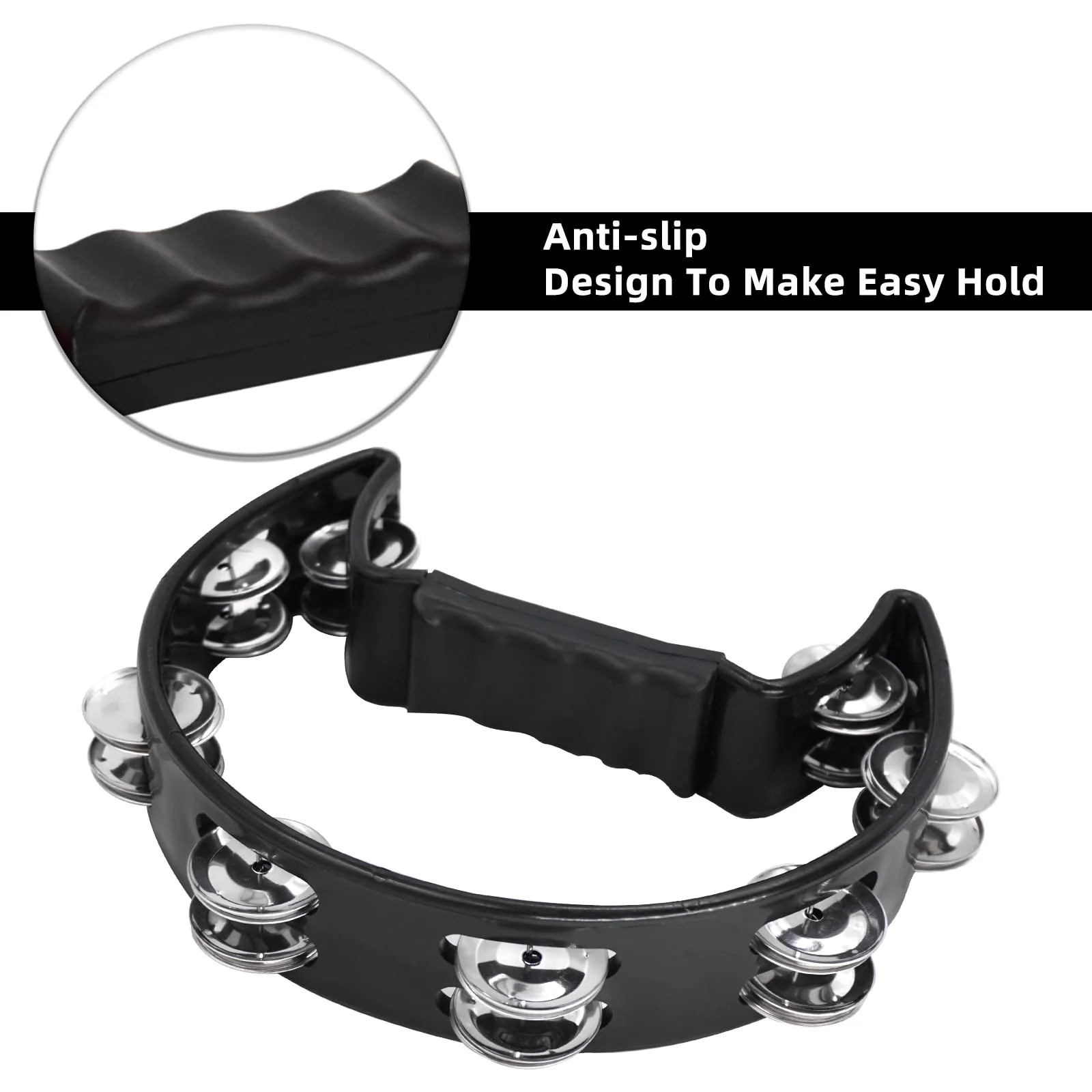 Soulmate Tambourine Metal Jingles Hand Held Percussion Half-Moon Tambourine for Adult Musical Instrument Gift Single Row Tambourines for KTV, Party (Black Tamboruine) Black - Image 3