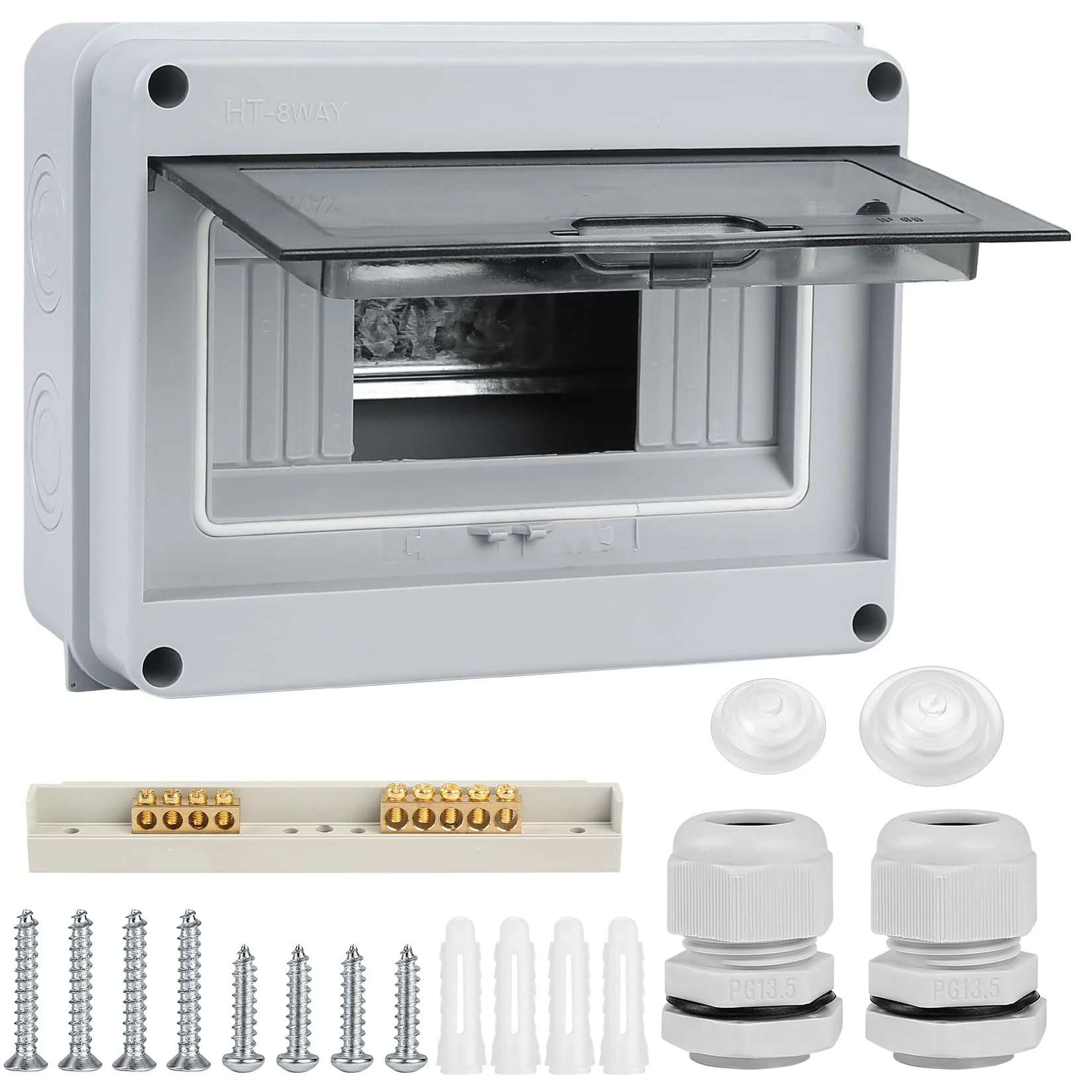 Surface Mount Fuse Box Distribution Box Surface Mount Small Distribution Box IP65 1 Row 8 Modules Wet Room Surface Mounted Distributor with Clamp for Outdoor Garden Farm Shop 8 Wege