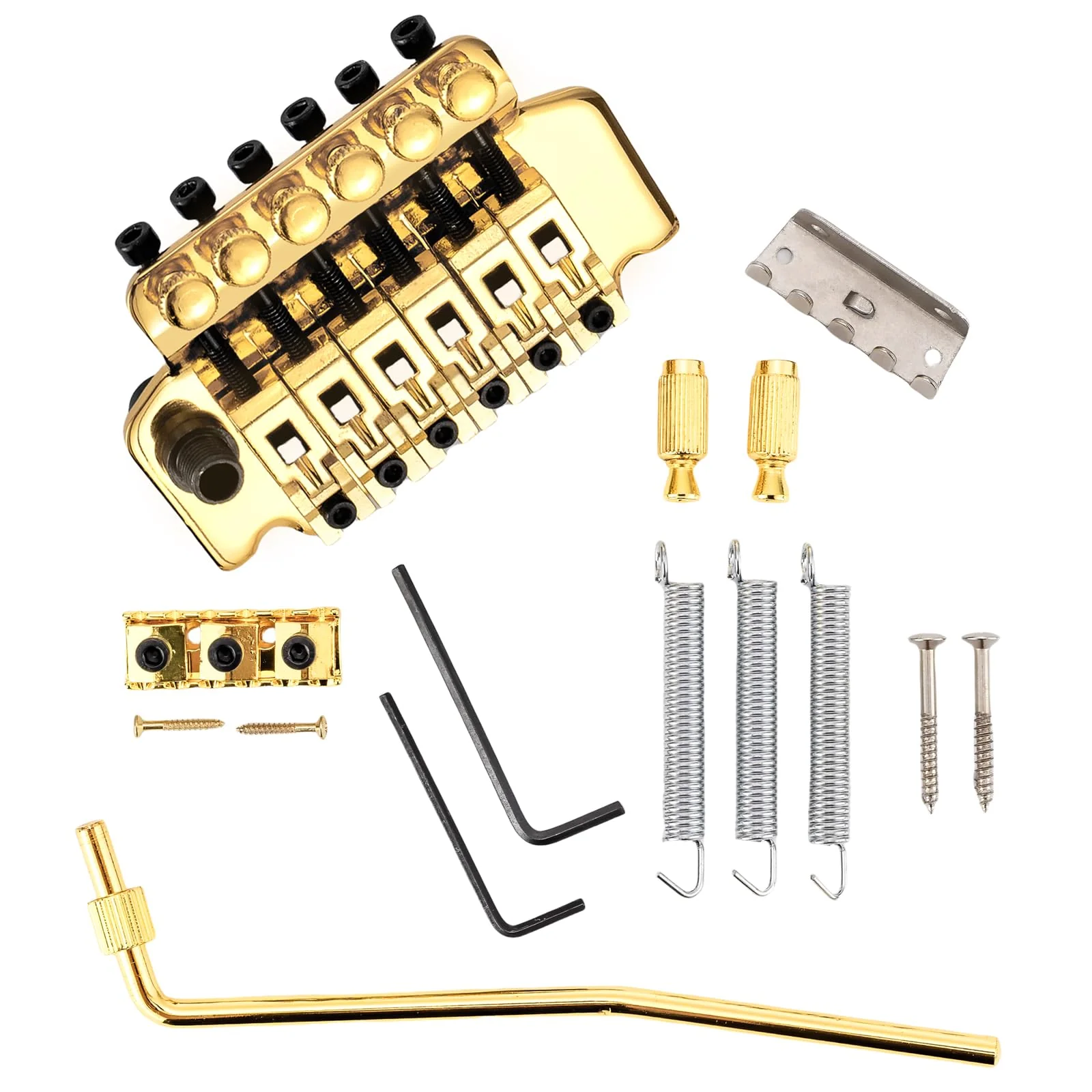 Swhmc Floyd Rose Type Locking Tremolo Bridge, Gold 2-Point Electric Guitar Bridge & Parts Set w/Bar for Strat, Replacement Guitar Hardware