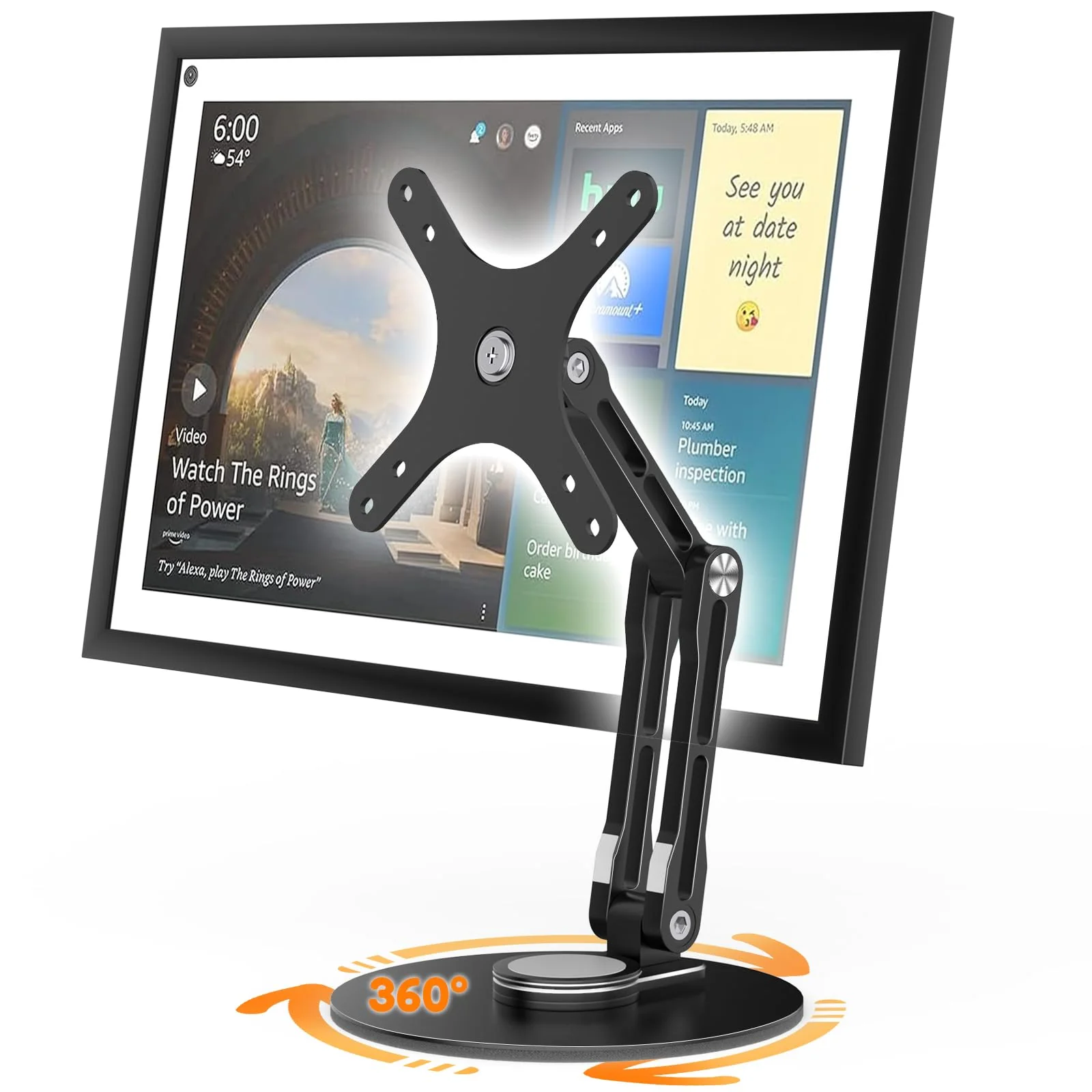 Swivel and Tilt Stand for Echo Show 15, Vesa Monitor Stand, Three-Hinge Adjustable Angle and Height with 360° Rotation Base, Supports Switching Between Landscape and Portrait Screens(Black)