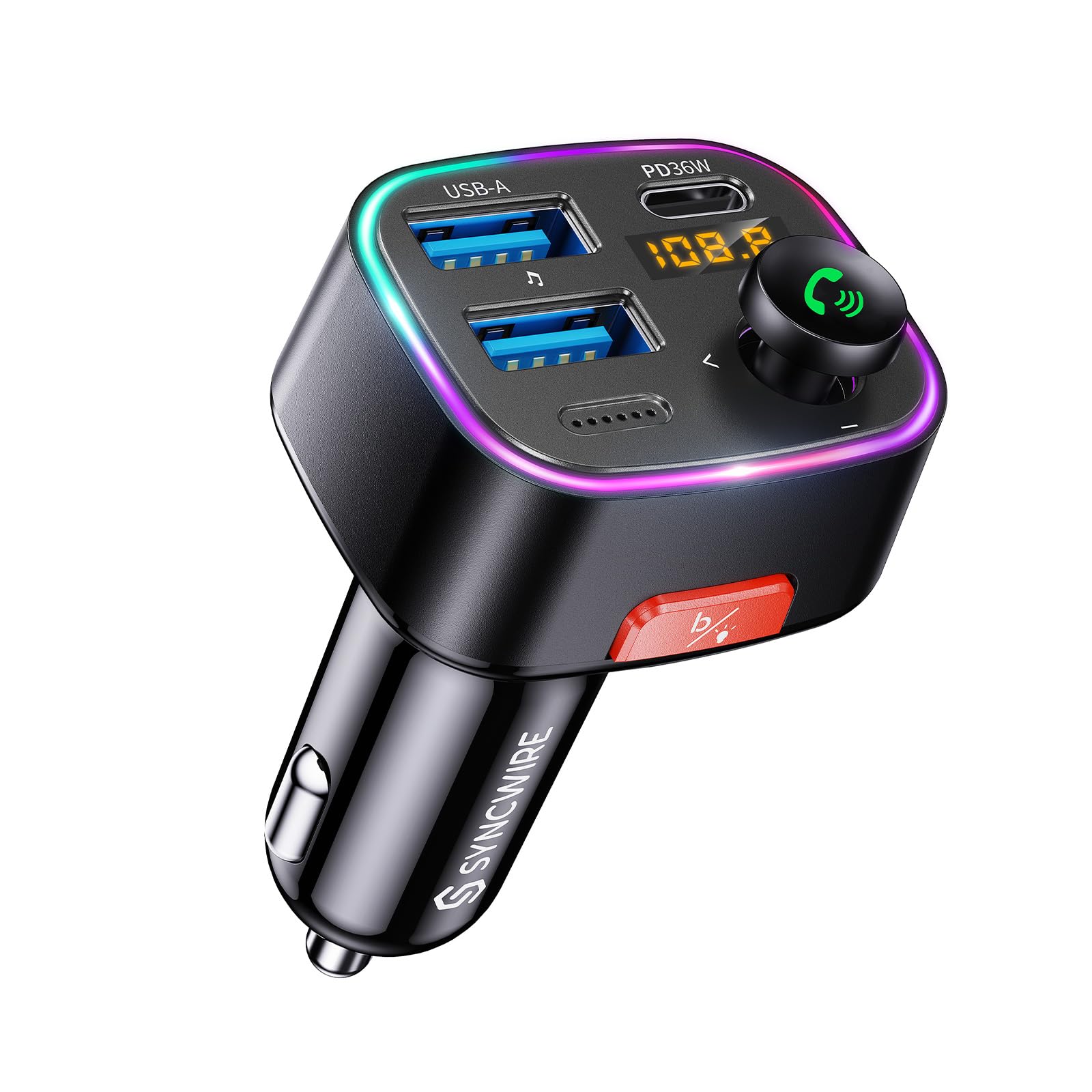 Syncwire Bluetooth 5.4 FM Transmitter Car Adapter 48W (PD 36W & 12W) [Light Switch] [HiFi Bass Sound] [Fast Charging] Wireless Radio Music Adapter LED Display Hands-Free Calling Support USB Drive Black