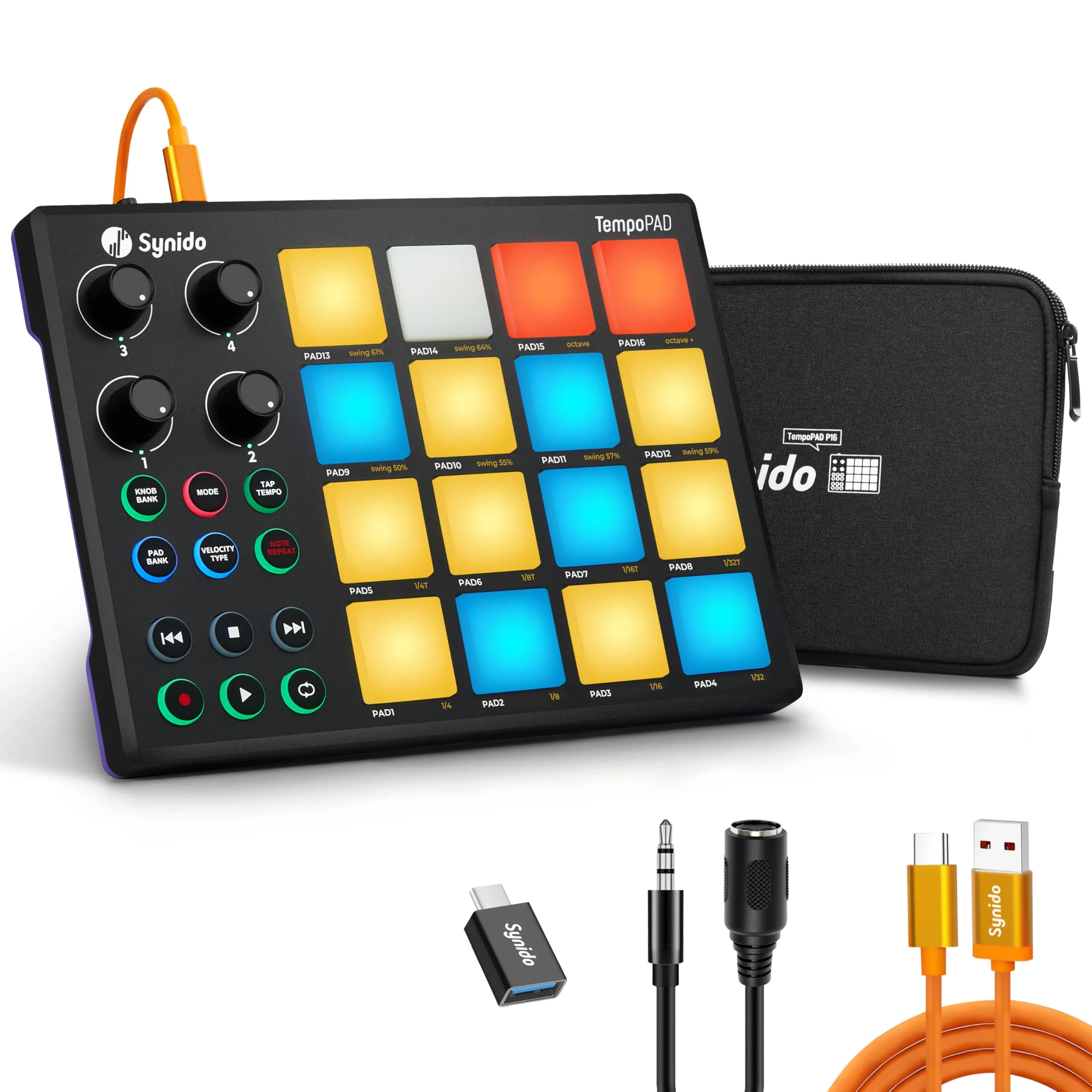 Synido TempoPAD Midi Controller Beat Maker Machine for Music Production, Portable USB MIDI Beat Pad Controller for Beginners with Durable Carrying Bag, 16 Backlit Beat Pad, 4 Assignable Knob Black 16 MIDI