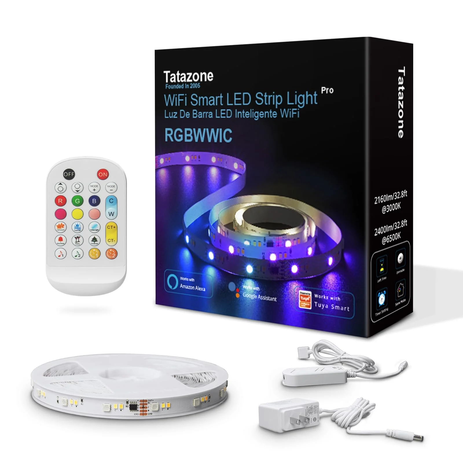 Tatazone 32.8ft RGBWW+IC WiFi Smart Flowing Led Strip Light, RGB Chasing Effect+Tunable White 3000K-6500K Led Lights Compatible with Alexa and Google, Color Changing, Music Sync for Bedroom